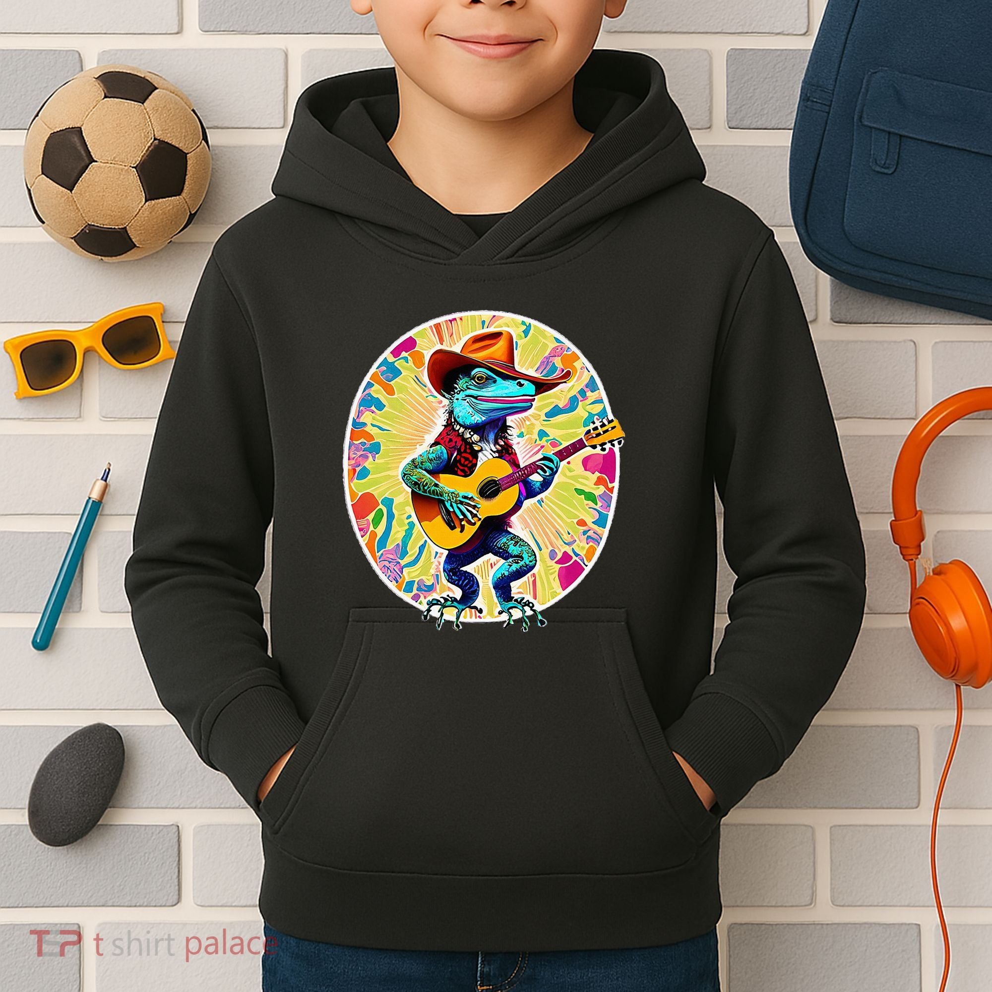 Psychedelic Country Cow Iguana Lizard Playing Guitar Kids Hoodie
