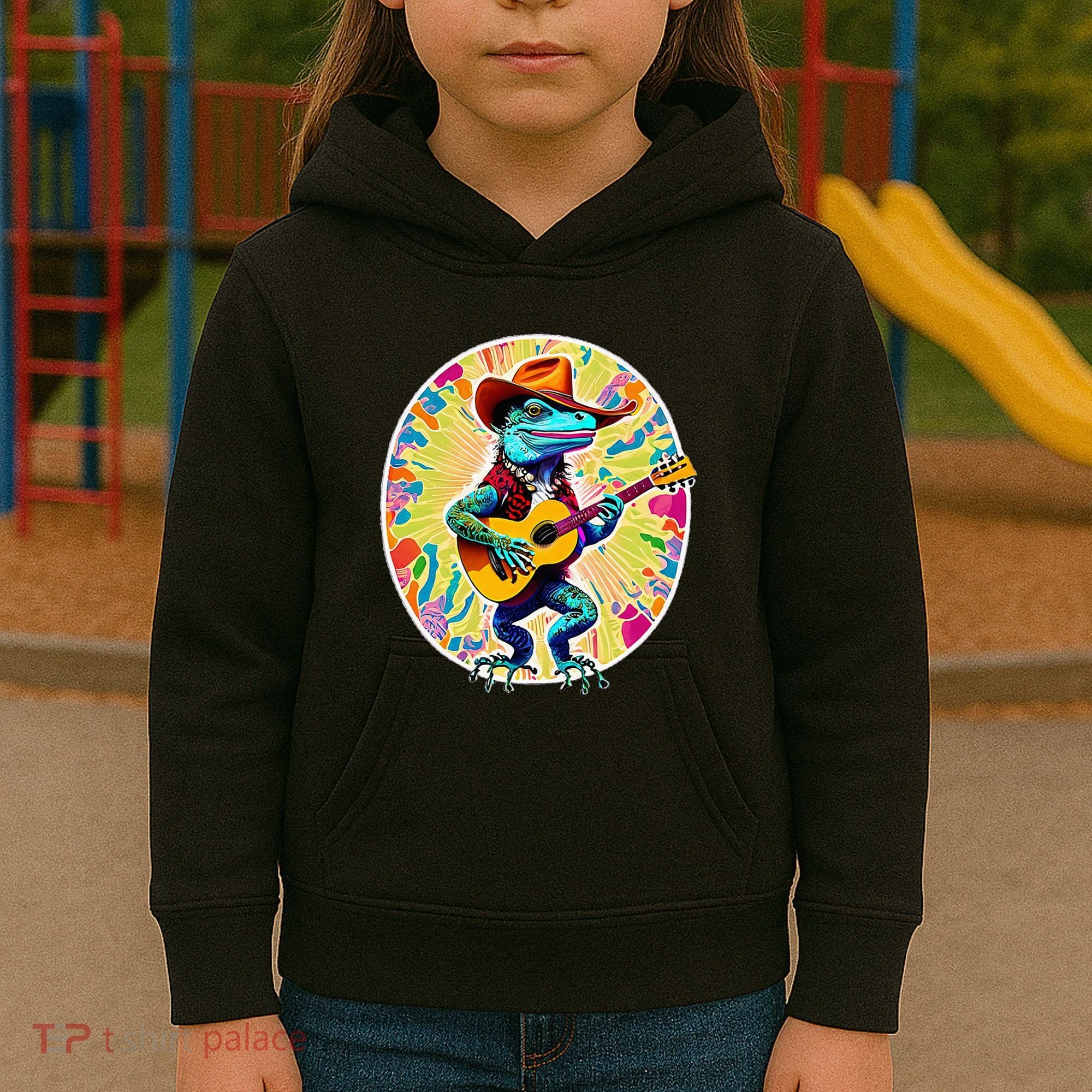Psychedelic Country Cow Iguana Lizard Playing Guitar Kids Hoodie