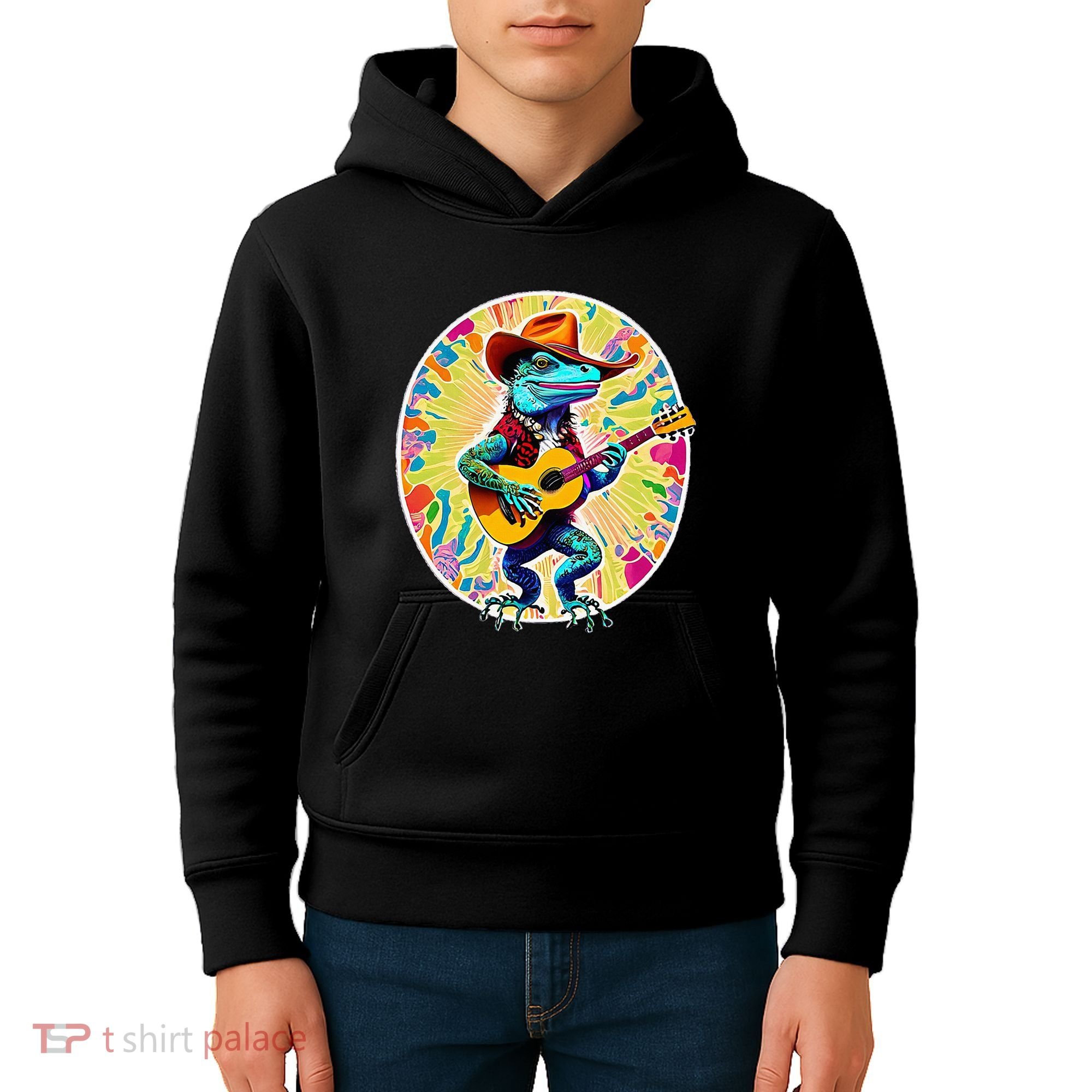 Psychedelic Country Cow Iguana Lizard Playing Guitar Kids Hoodie