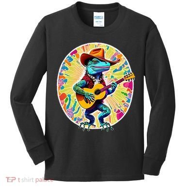 Psychedelic Country Cow Iguana Lizard Playing Guitar Kids Long Sleeve Shirt