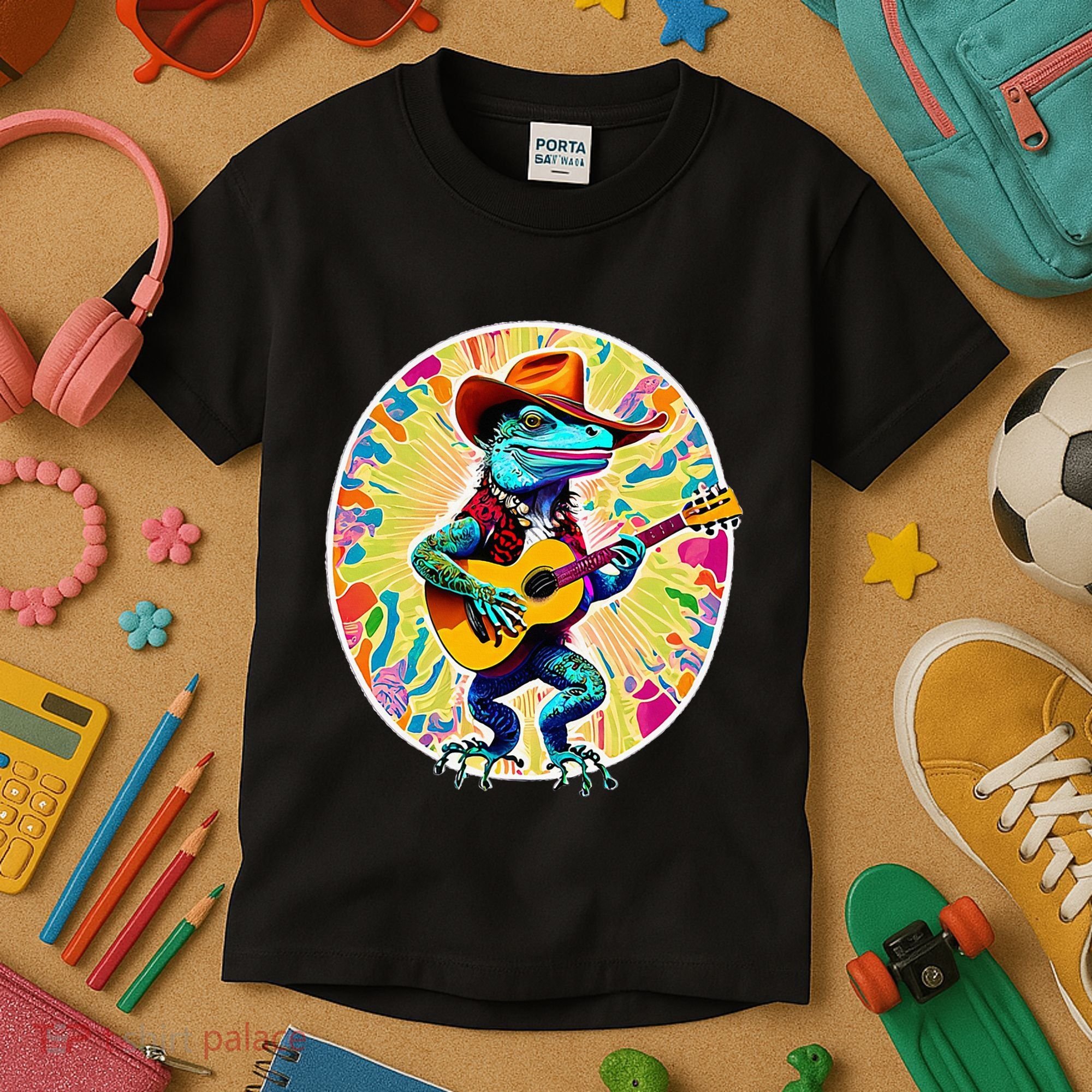 Psychedelic Country Cow Iguana Lizard Playing Guitar Kids T-Shirt