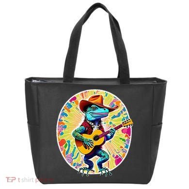Psychedelic Country Cow Iguana Lizard Playing Guitar Tote Bag