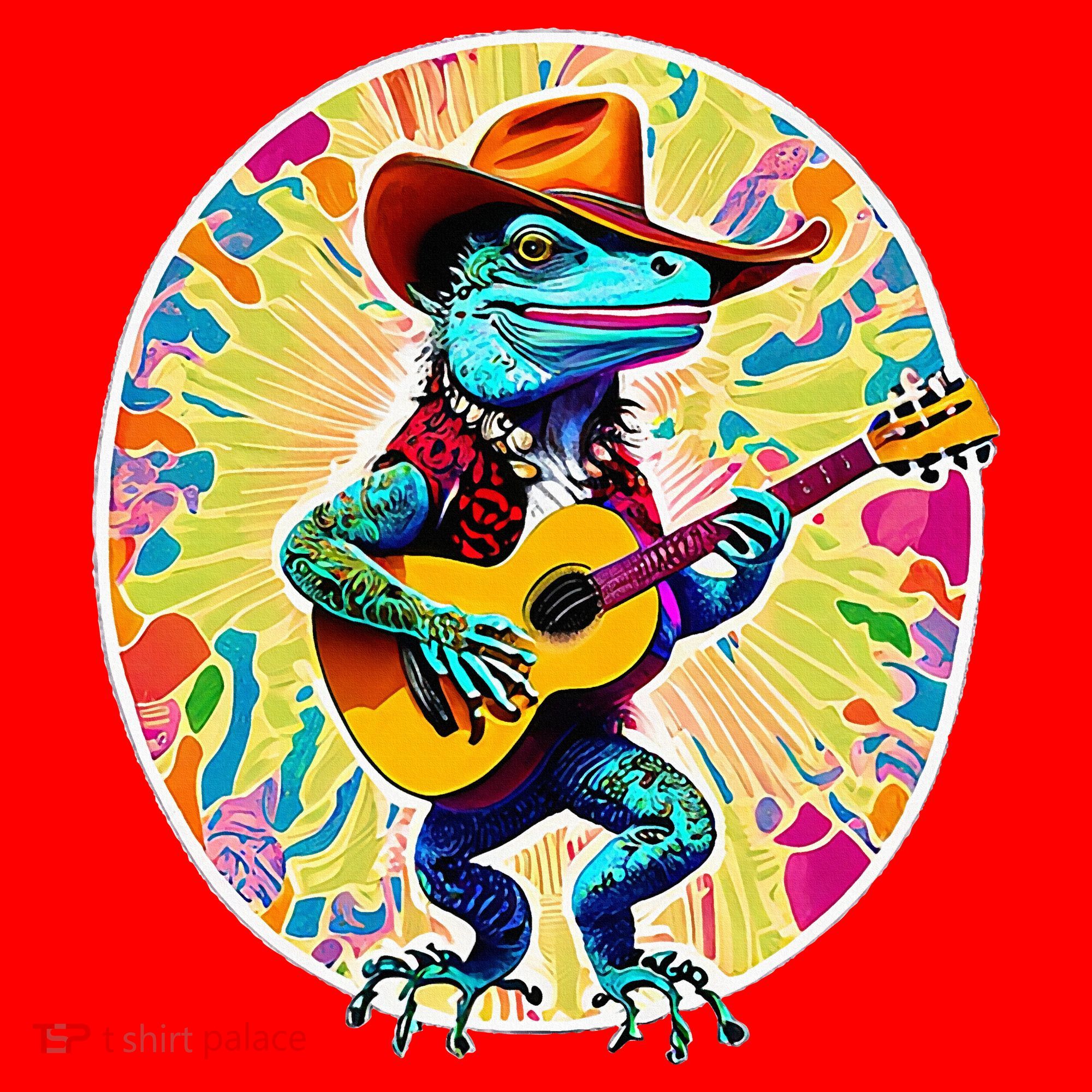 Psychedelic Country Cow Iguana Lizard Playing Guitar Santa Hat