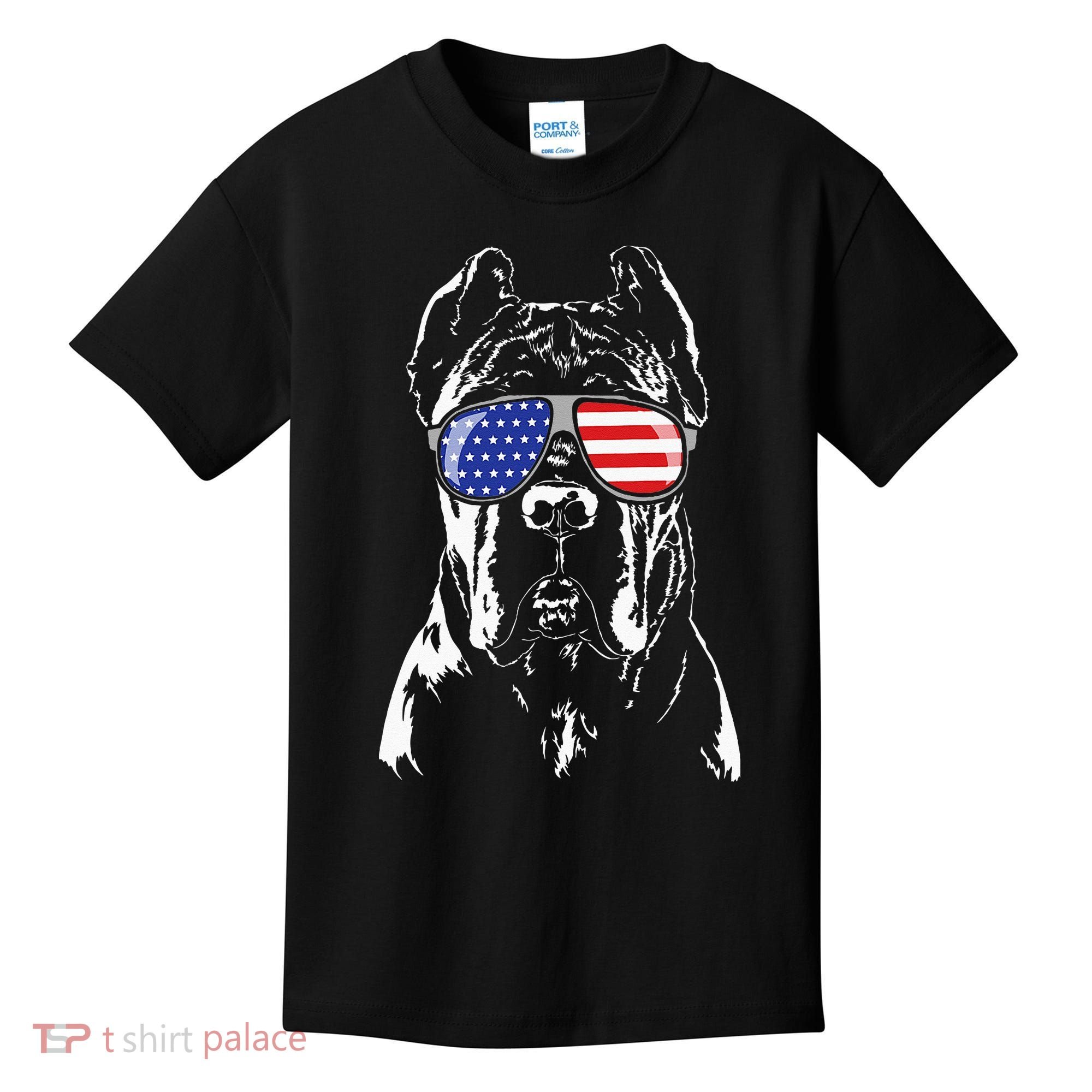 Proud Cane Corso American Flag Sunglasses Patriotic Dog Kids T-Shirt