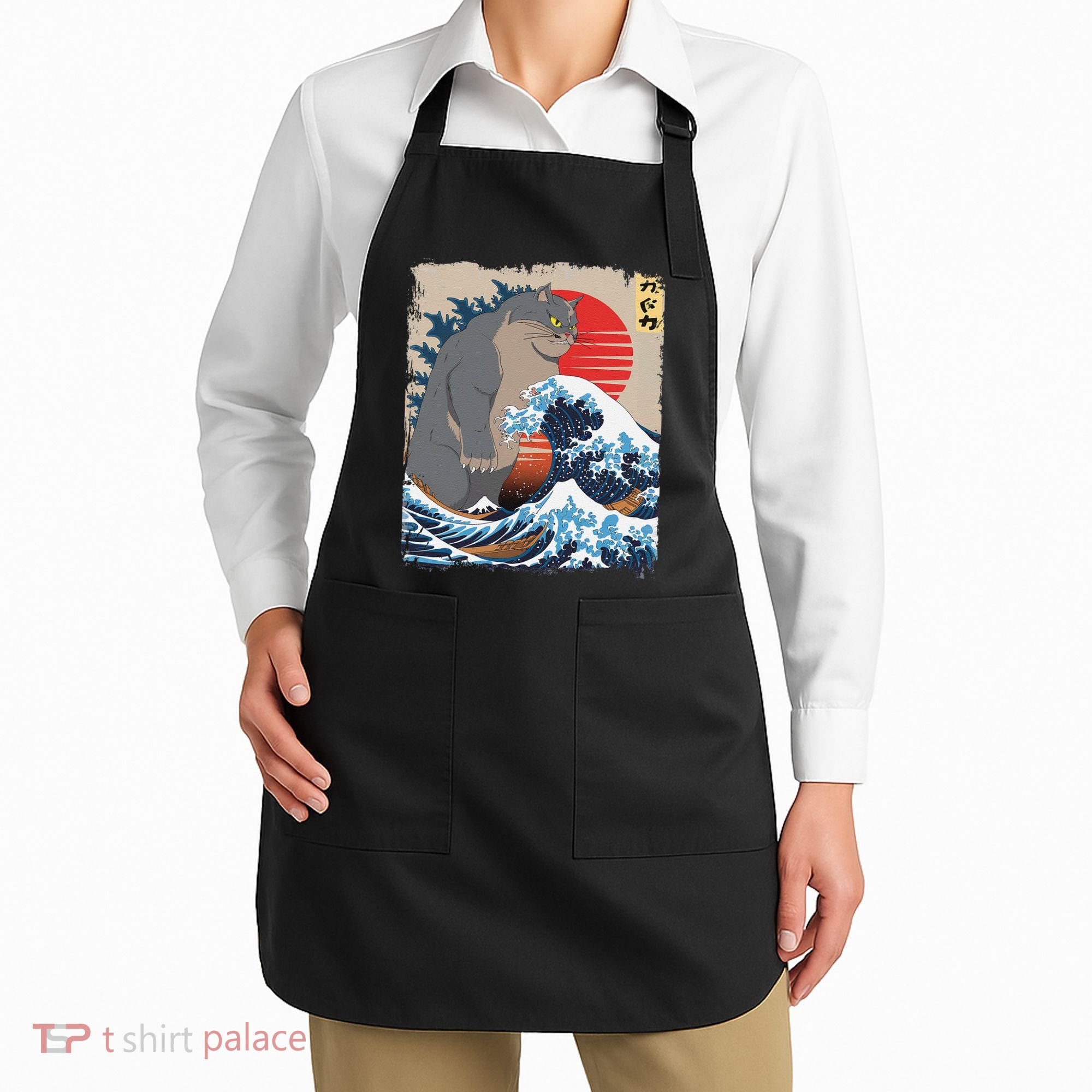 Persian Catzilla Funny Cat Ocean Waves Japanese Art Retro Apron