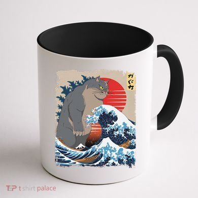 Persian Catzilla Funny Cat Ocean Waves Japanese Art Retro Coffee Mug back