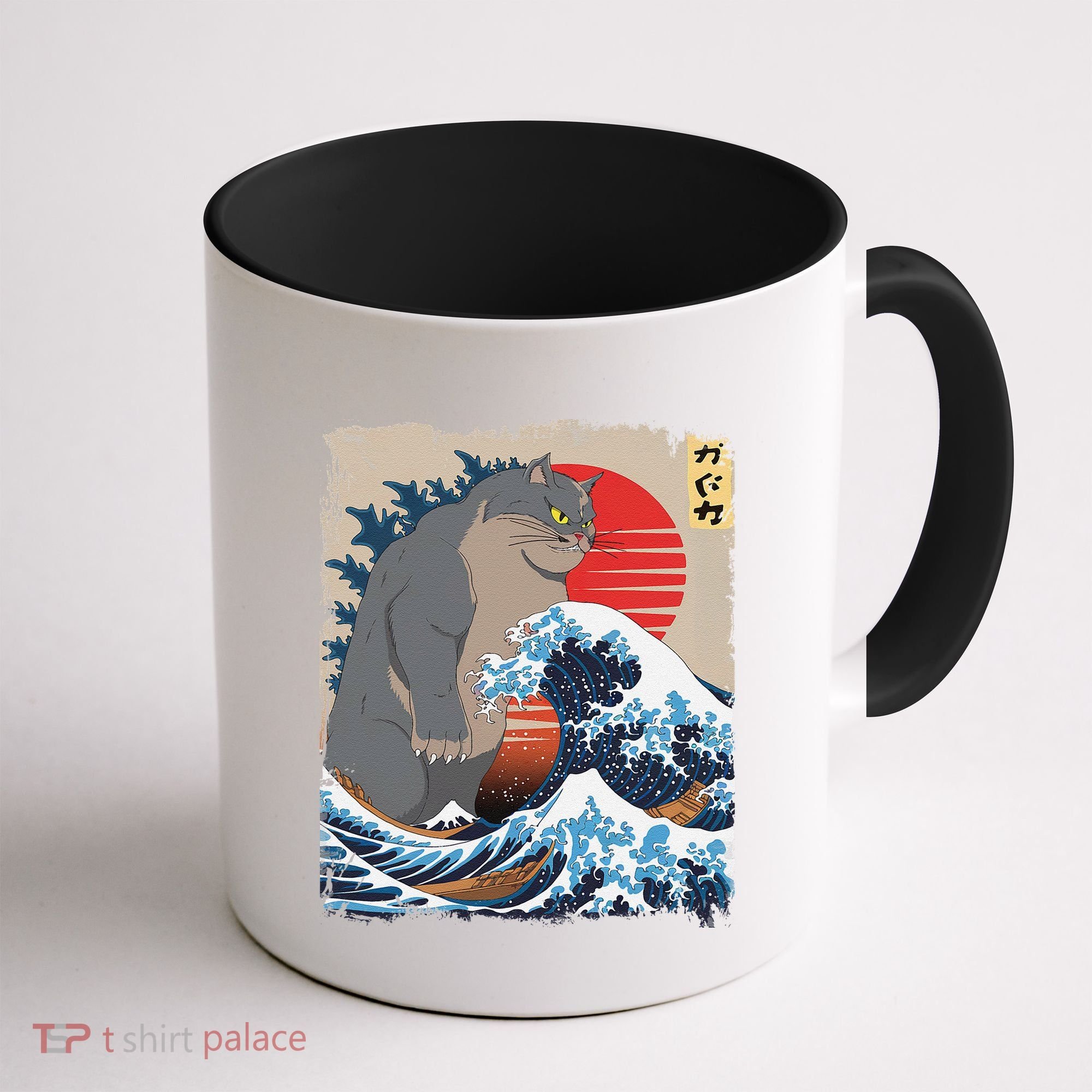 Persian Catzilla Funny Cat Ocean Waves Japanese Art Retro Coffee Mug