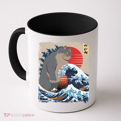 Persian Catzilla Funny Cat Ocean Waves Japanese Art Retro Coffee Mug