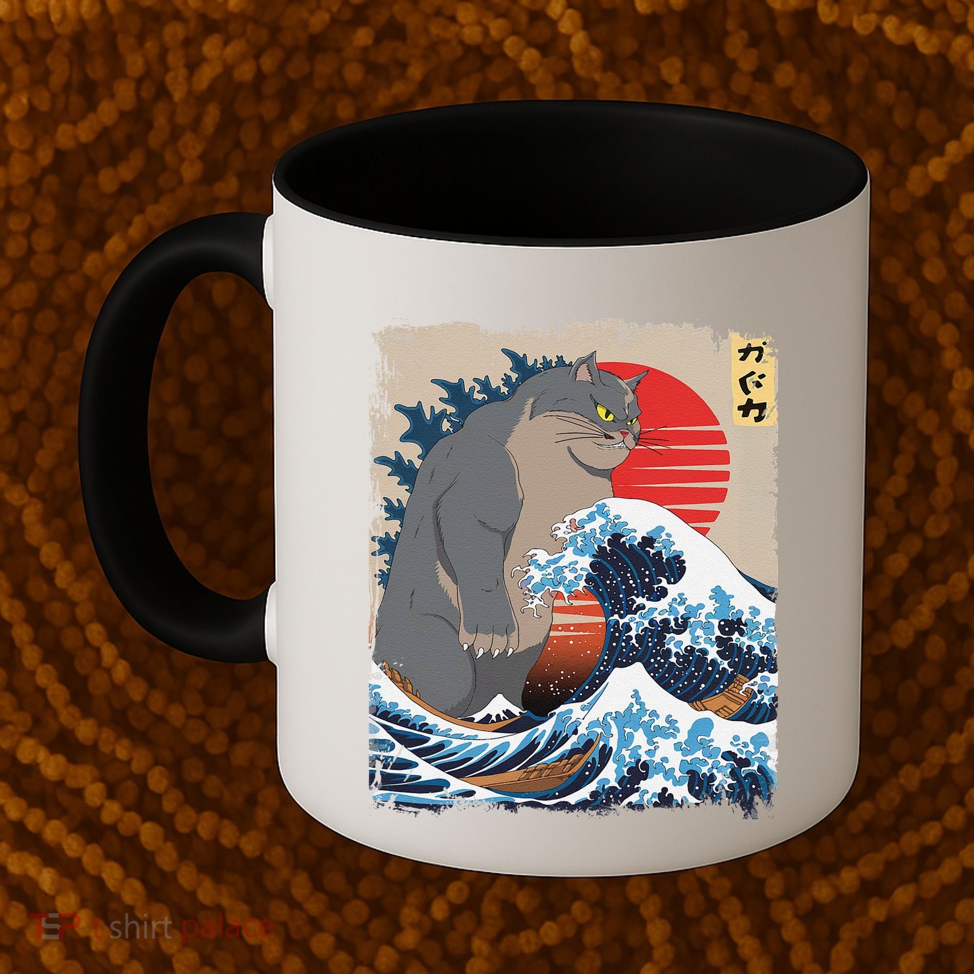 Persian Catzilla Funny Cat Ocean Waves Japanese Art Retro Coffee Mug