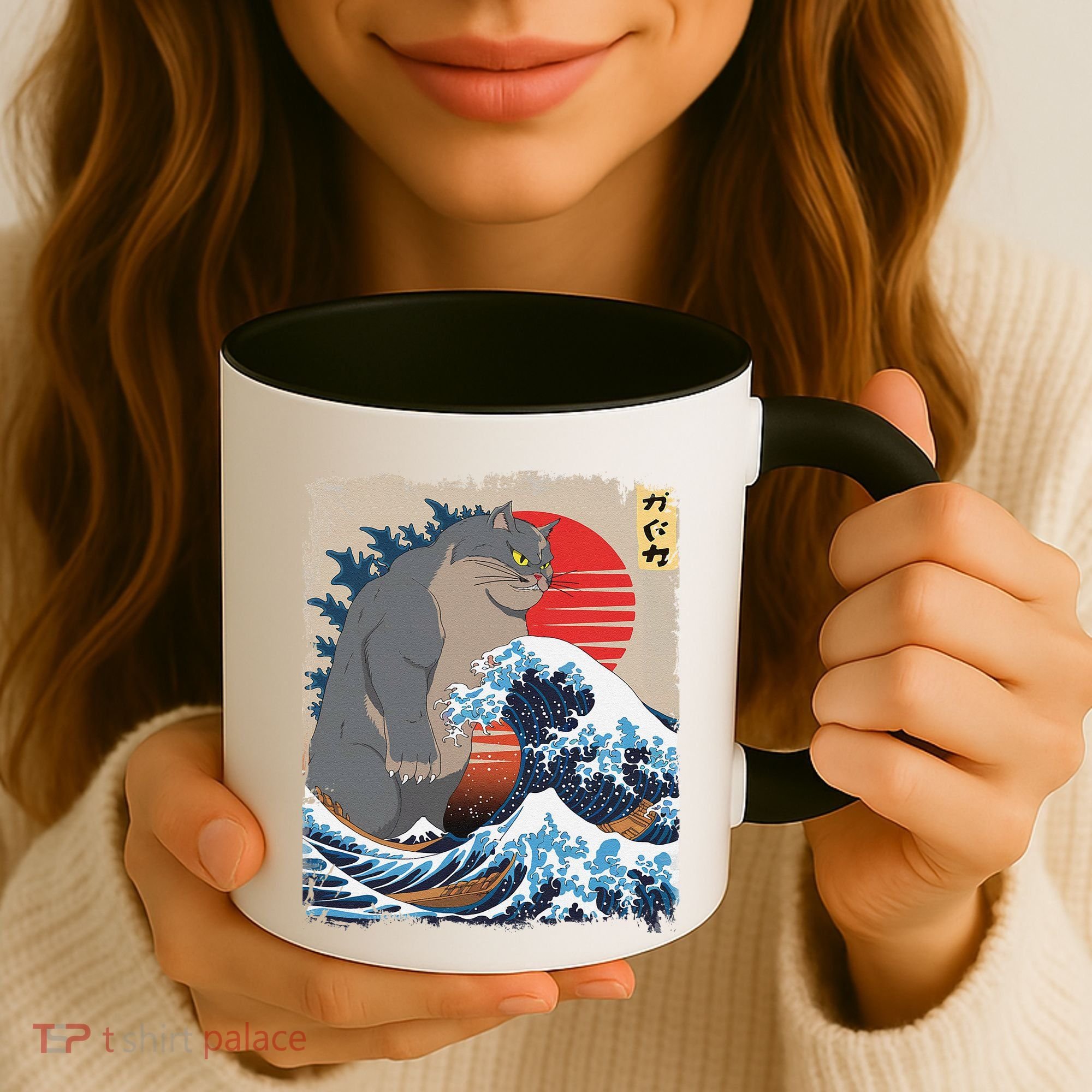 Persian Catzilla Funny Cat Ocean Waves Japanese Art Retro Coffee Mug