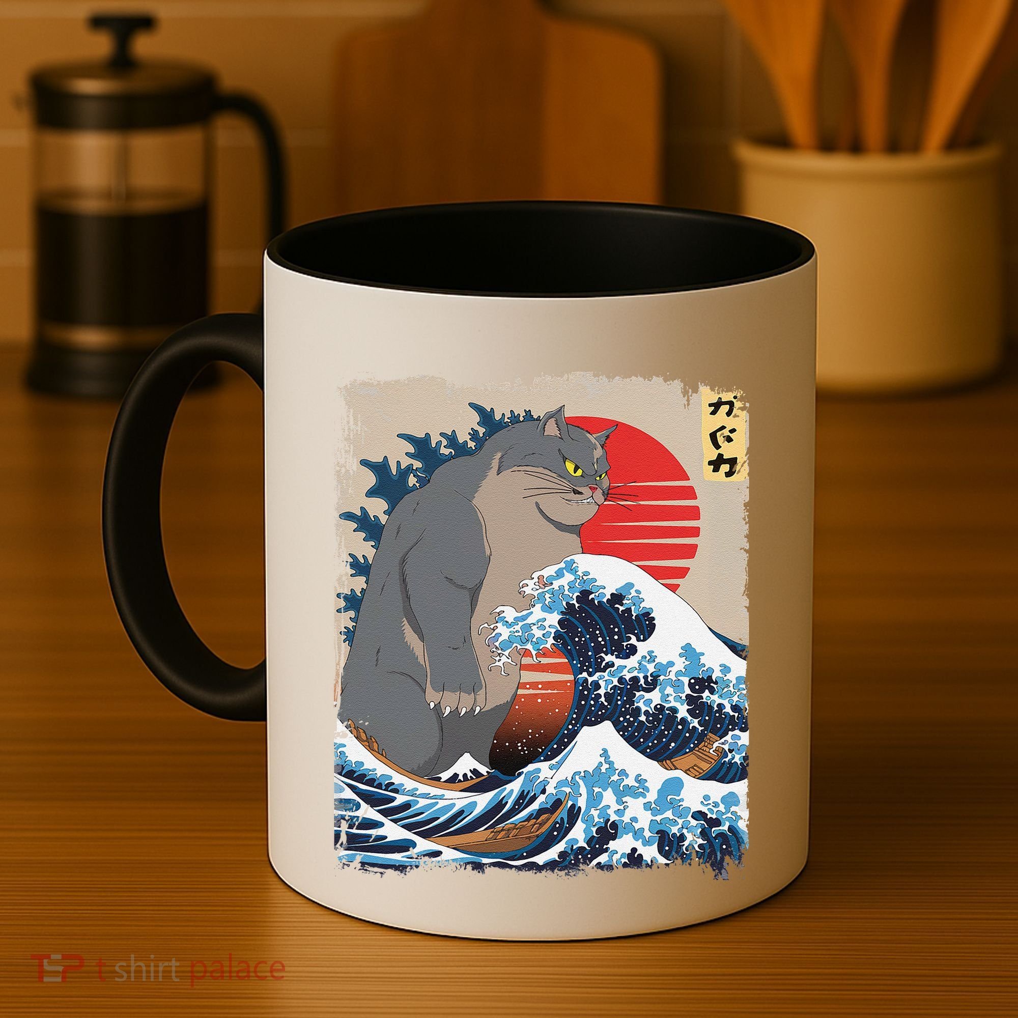 Persian Catzilla Funny Cat Ocean Waves Japanese Art Retro Coffee Mug