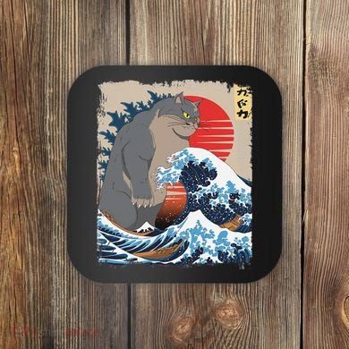 Persian Catzilla Funny Cat Ocean Waves Japanese Art Retro Coaster