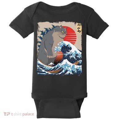 Persian Catzilla Funny Cat Ocean Waves Japanese Art Retro Baby Bodysuit