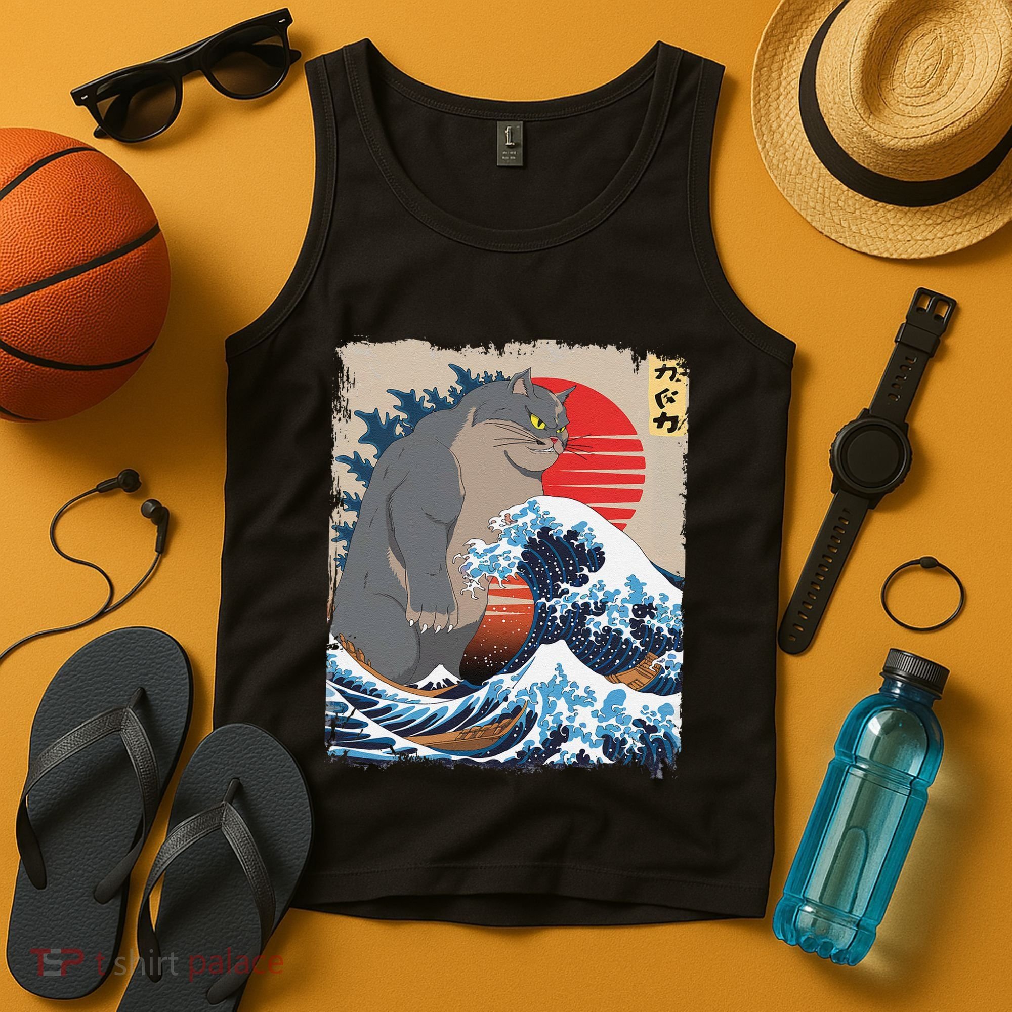 Persian Catzilla Funny Cat Ocean Waves Japanese Art Retro Tank Top