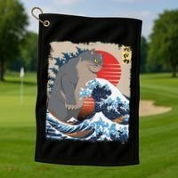 Persian Catzilla Funny Cat Ocean Waves Japanese Art Retro Golf Towel thumb 1