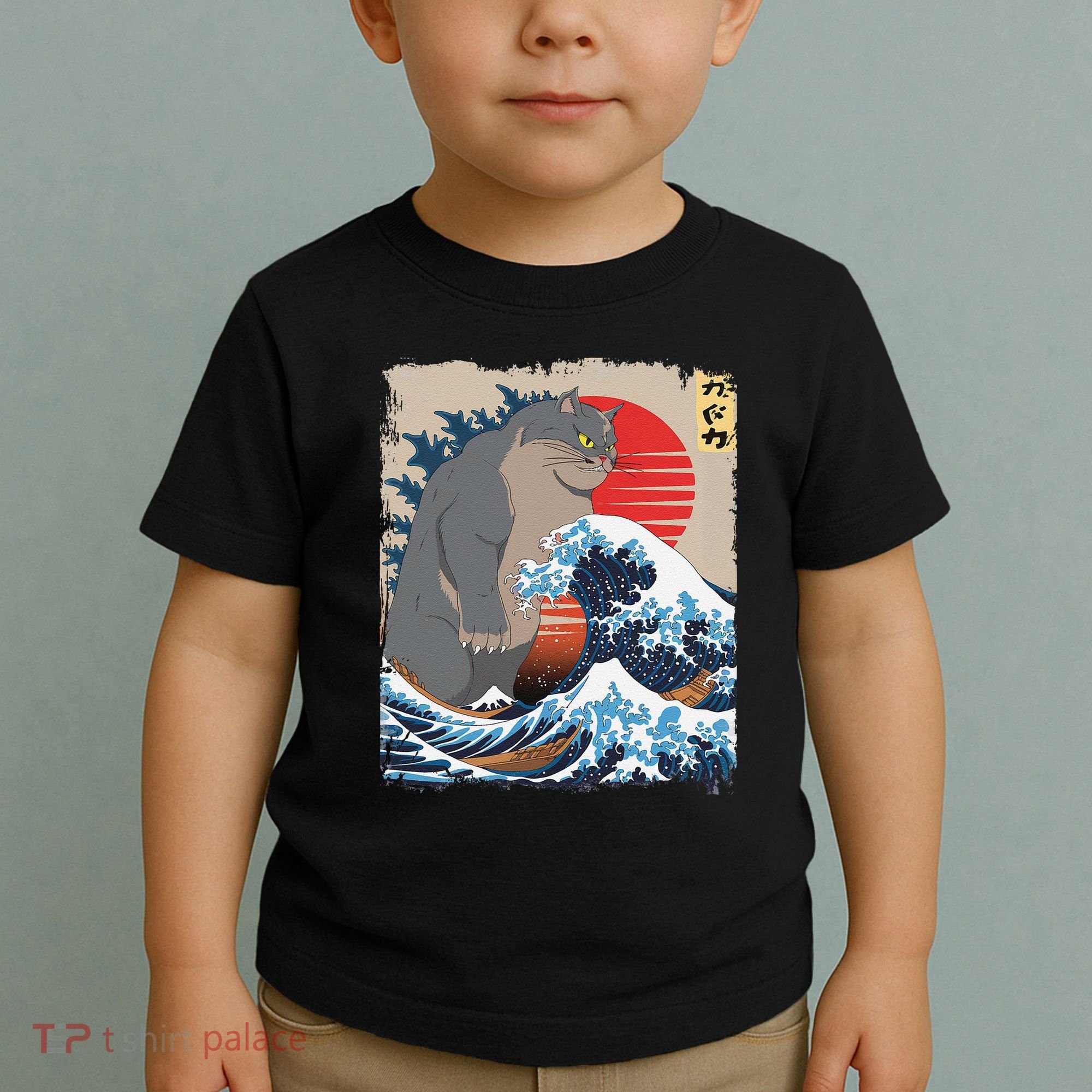 Persian Catzilla Funny Cat Ocean Waves Japanese Art Retro Toddler T-Shirt