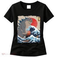 Persian Catzilla Funny Cat Ocean Waves Japanese Art Retro Women's T-Shirt thumb 0
