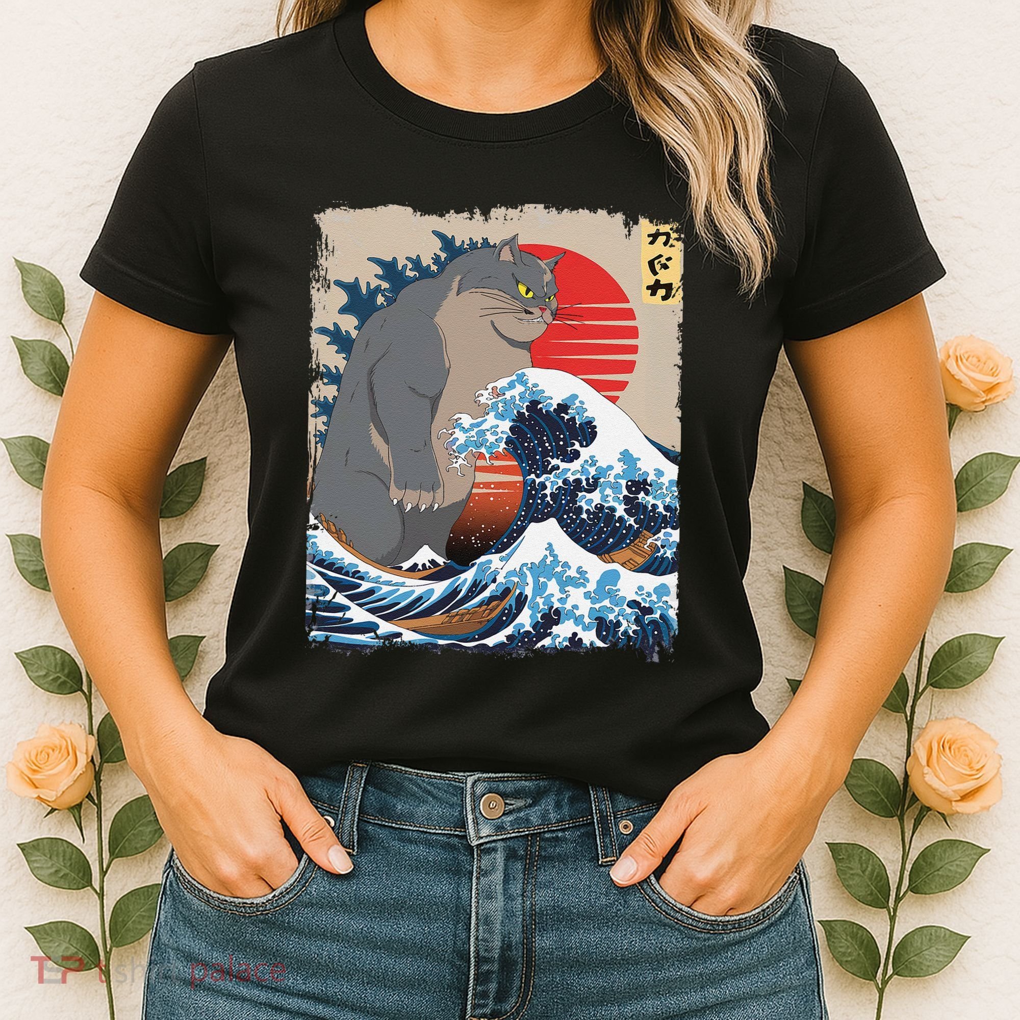 Persian Catzilla Funny Cat Ocean Waves Japanese Art Retro Women's T-Shirt