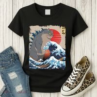 Persian Catzilla Funny Cat Ocean Waves Japanese Art Retro Women's T-Shirt thumb 3