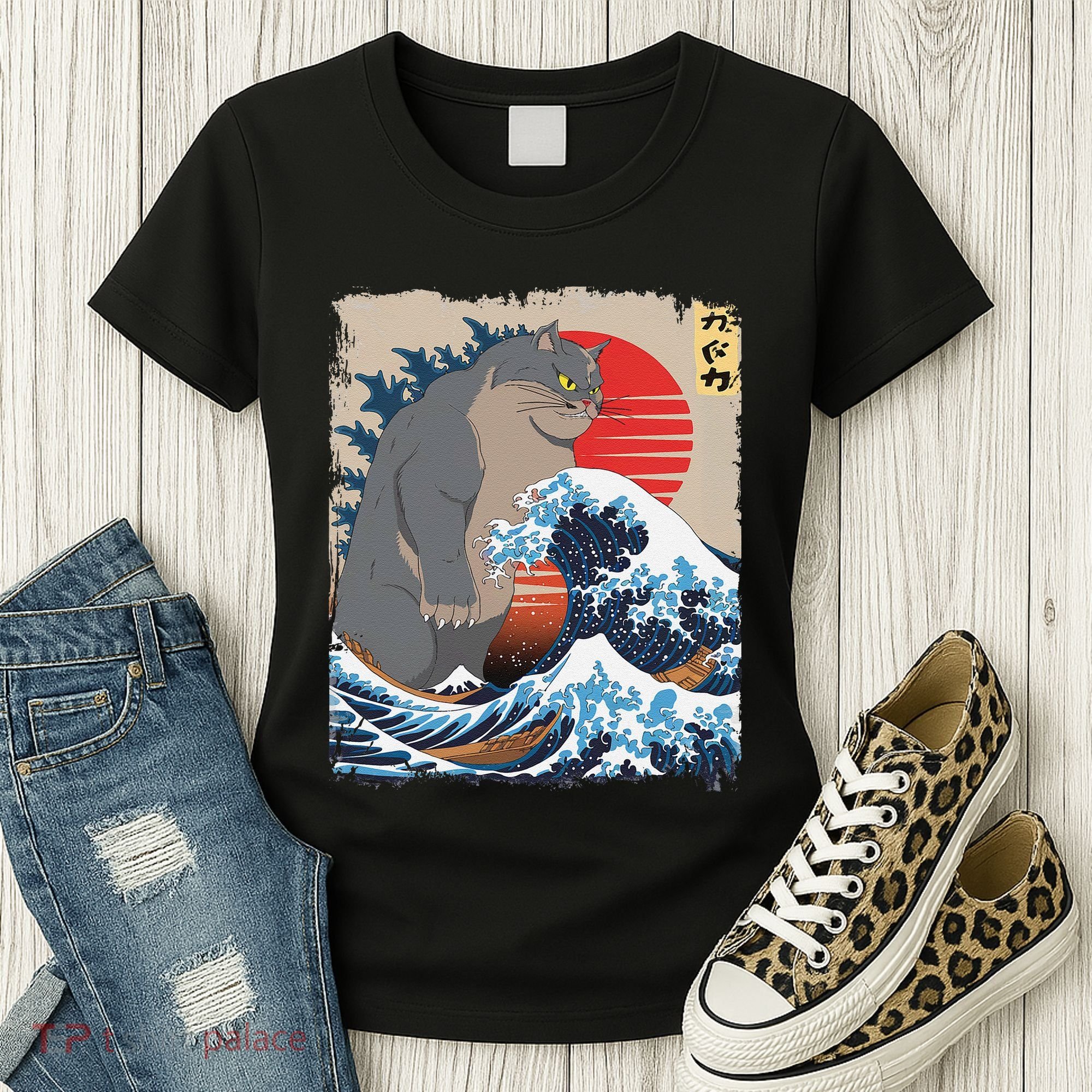 Persian Catzilla Funny Cat Ocean Waves Japanese Art Retro Women's T-Shirt