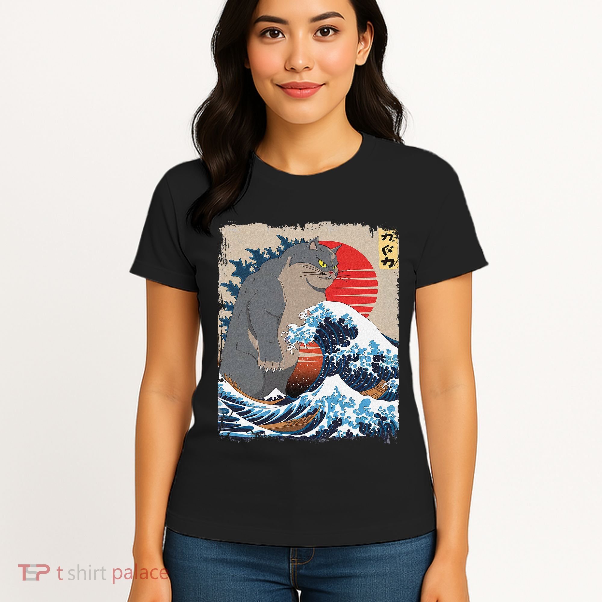 Persian Catzilla Funny Cat Ocean Waves Japanese Art Retro Women's T-Shirt