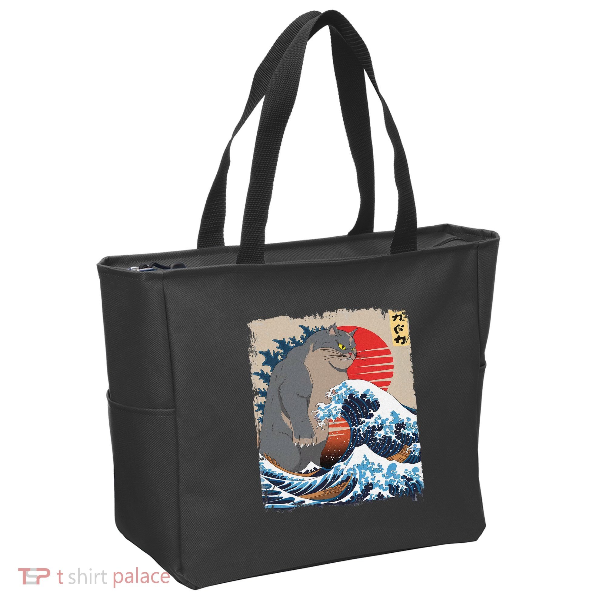 Persian Catzilla Funny Cat Ocean Waves Japanese Art Retro Tote Bag
