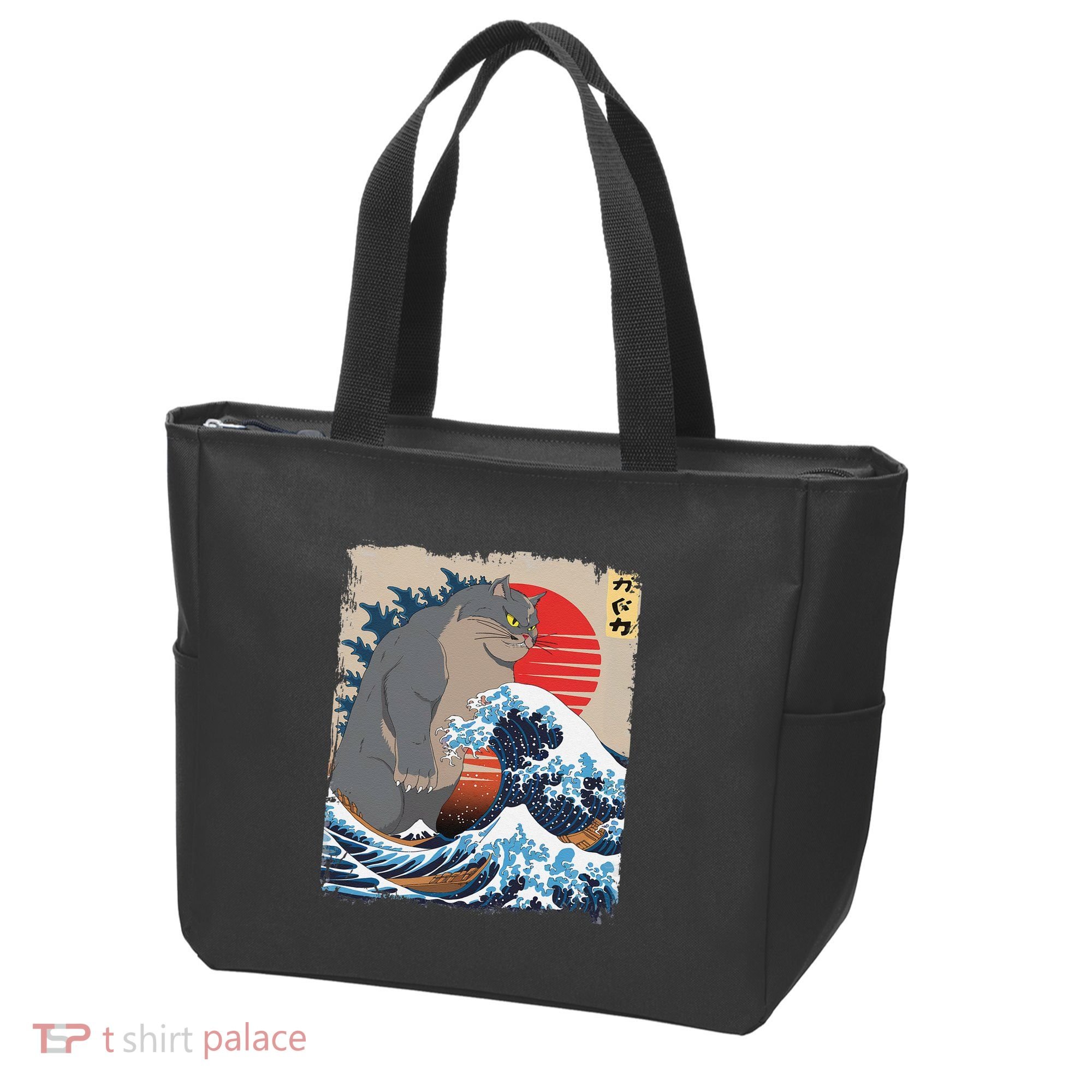 Persian Catzilla Funny Cat Ocean Waves Japanese Art Retro Tote Bag