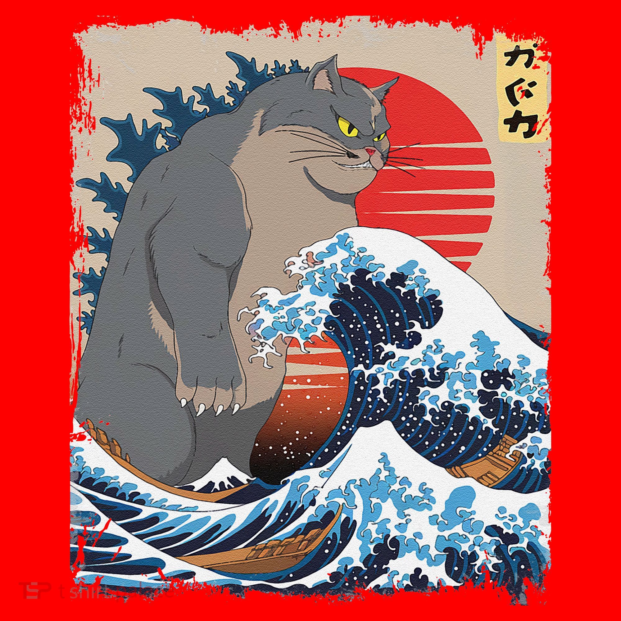 Persian Catzilla Funny Cat Ocean Waves Japanese Art Retro Santa Hat
