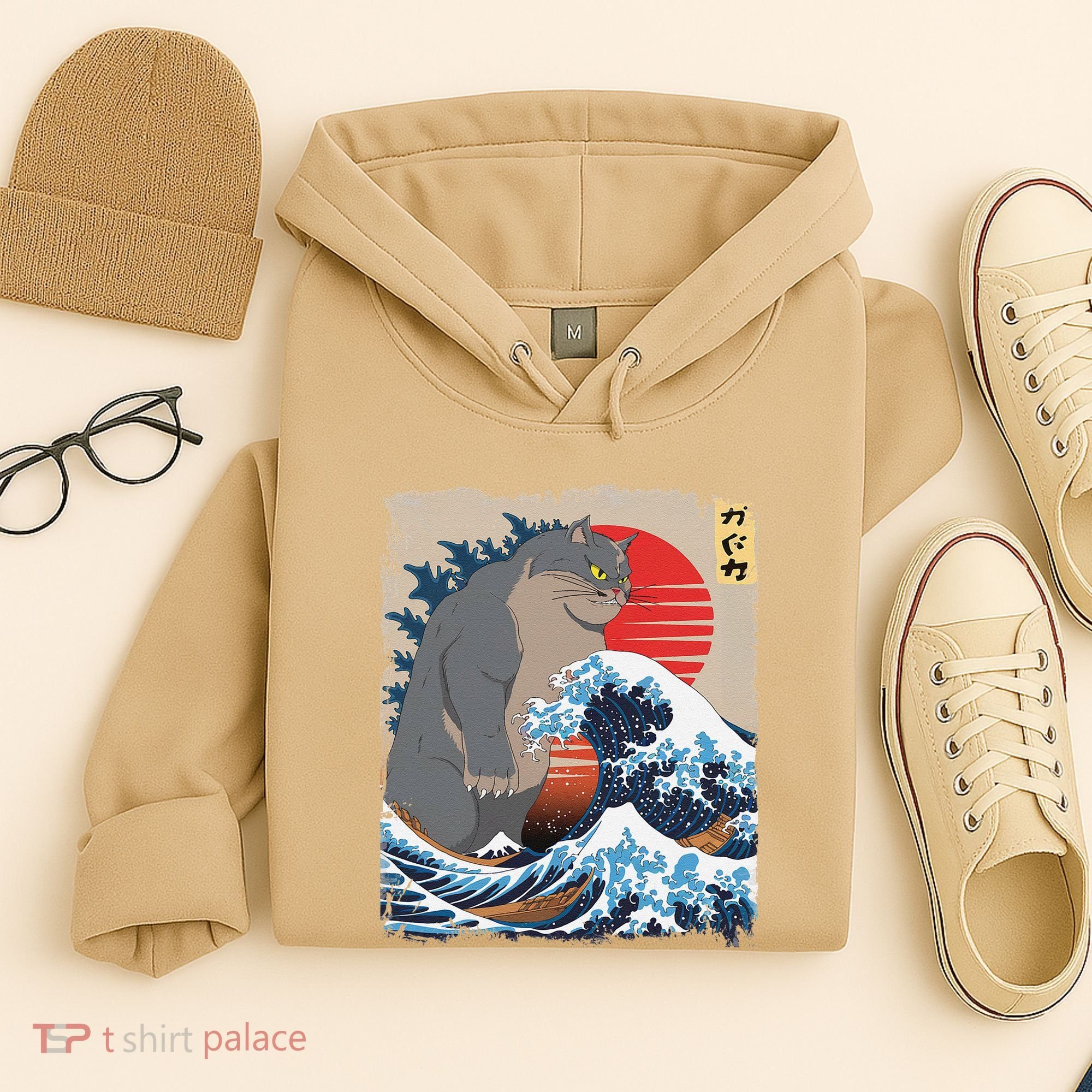 Persian Catzilla Funny Cat Ocean Waves Japanese Art Retro Hoodie
