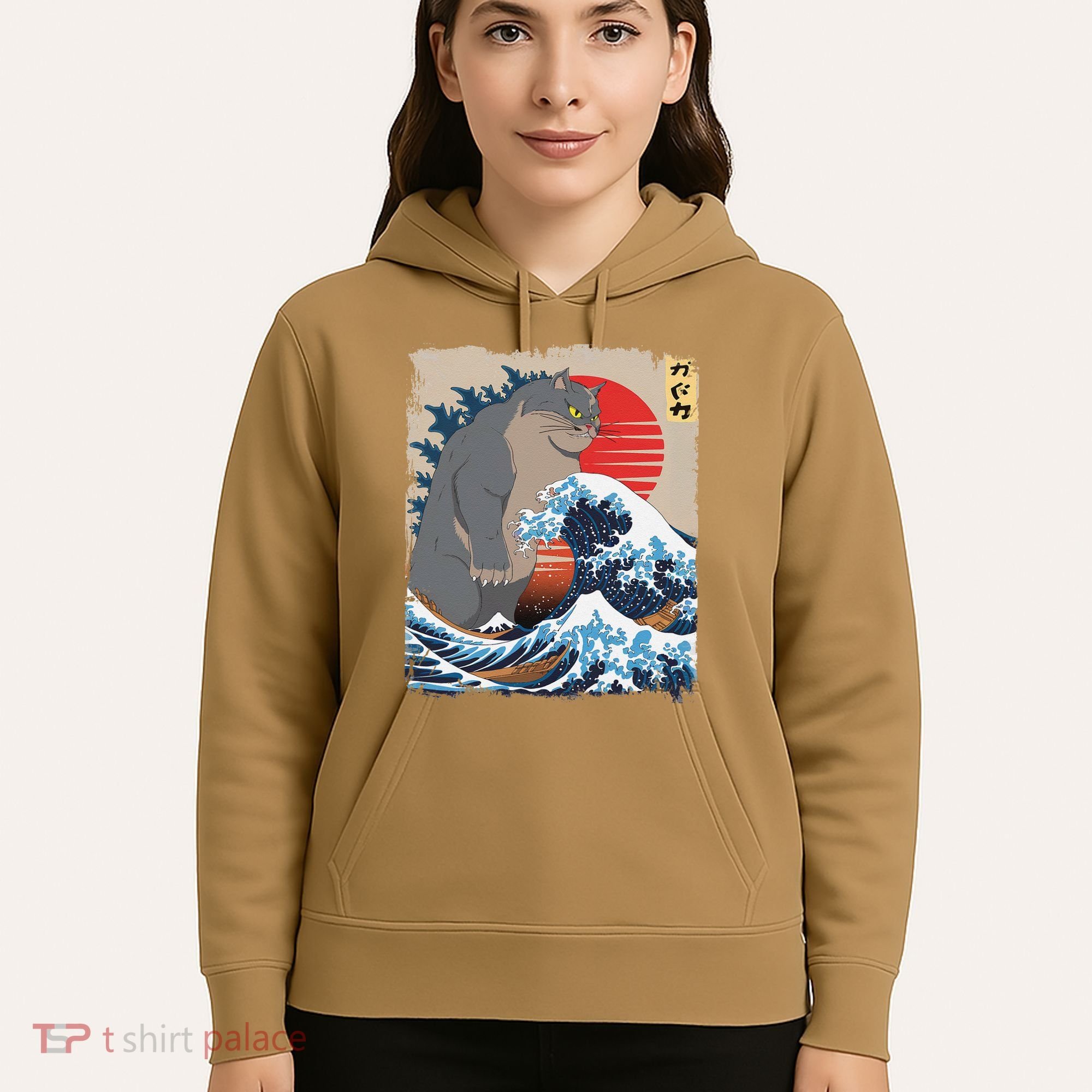 Persian Catzilla Funny Cat Ocean Waves Japanese Art Retro Hoodie