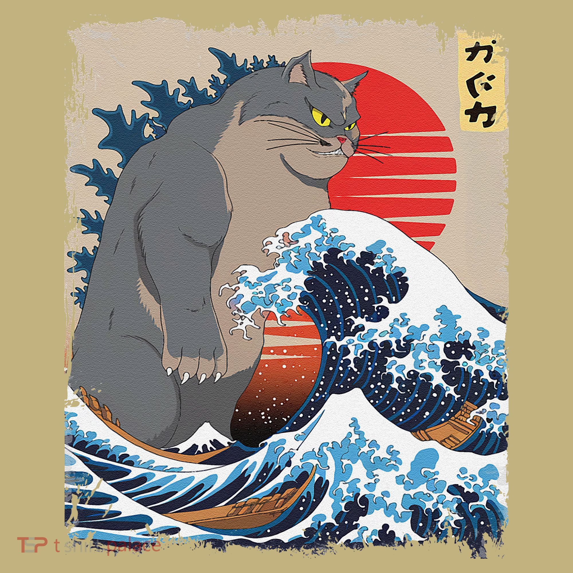 Persian Catzilla Funny Cat Ocean Waves Japanese Art Retro Long Sleeve Shirt