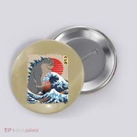 Persian Catzilla Funny Cat Ocean Waves Japanese Art Retro Button thumb 0