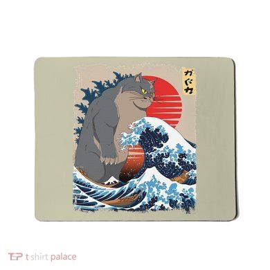 Persian Catzilla Funny Cat Ocean Waves Japanese Art Retro Mousepad