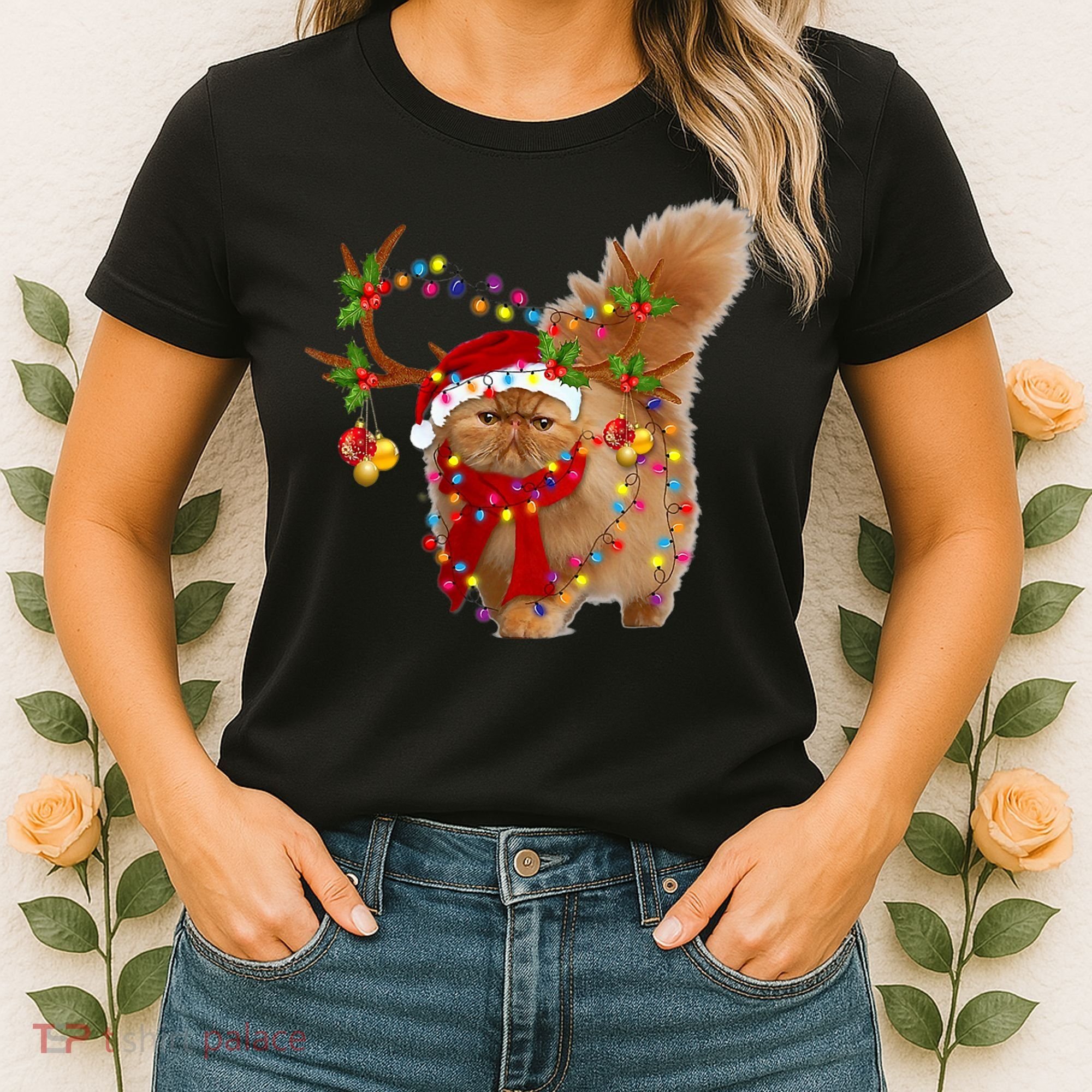 Persian Cat Gorgeous Reindeer Christmas Tree Light Xmas Women's T-Shirt
