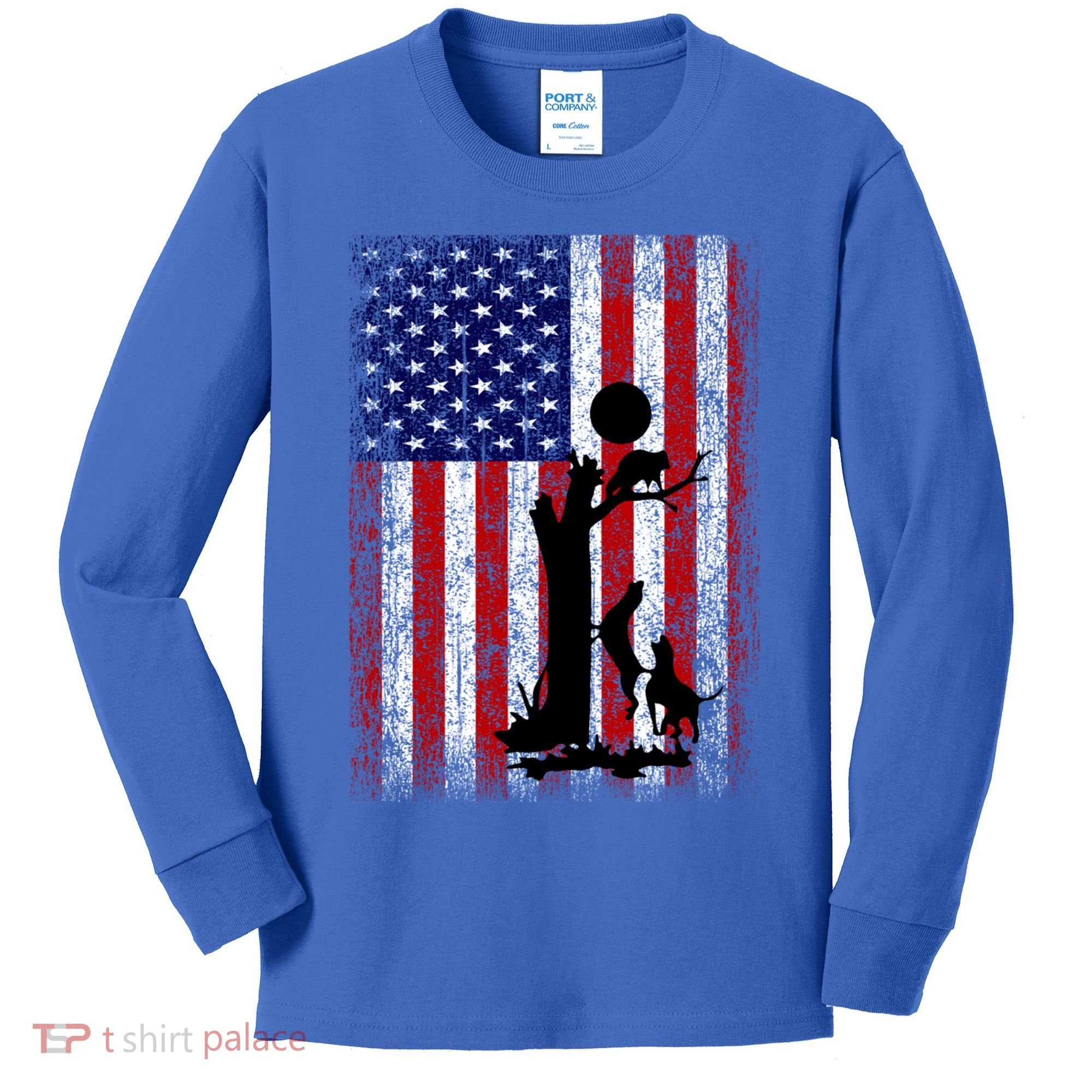 Patriotic Coon Hunting Dogs American Flag Gift Kids Long Sleeve Shirt