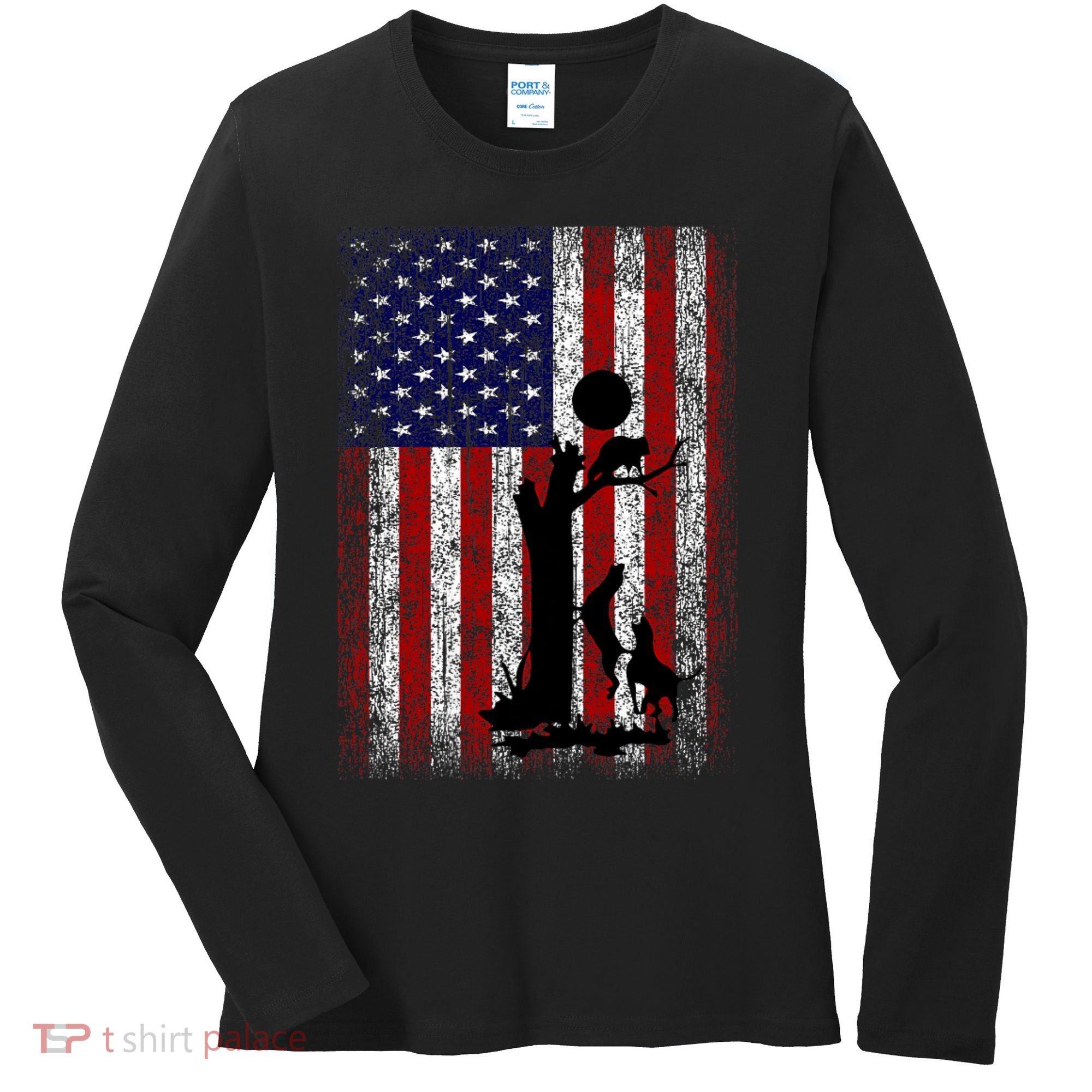 Patriotic Coon Hunting Dogs American Flag Women's Long Sleeve Shirt