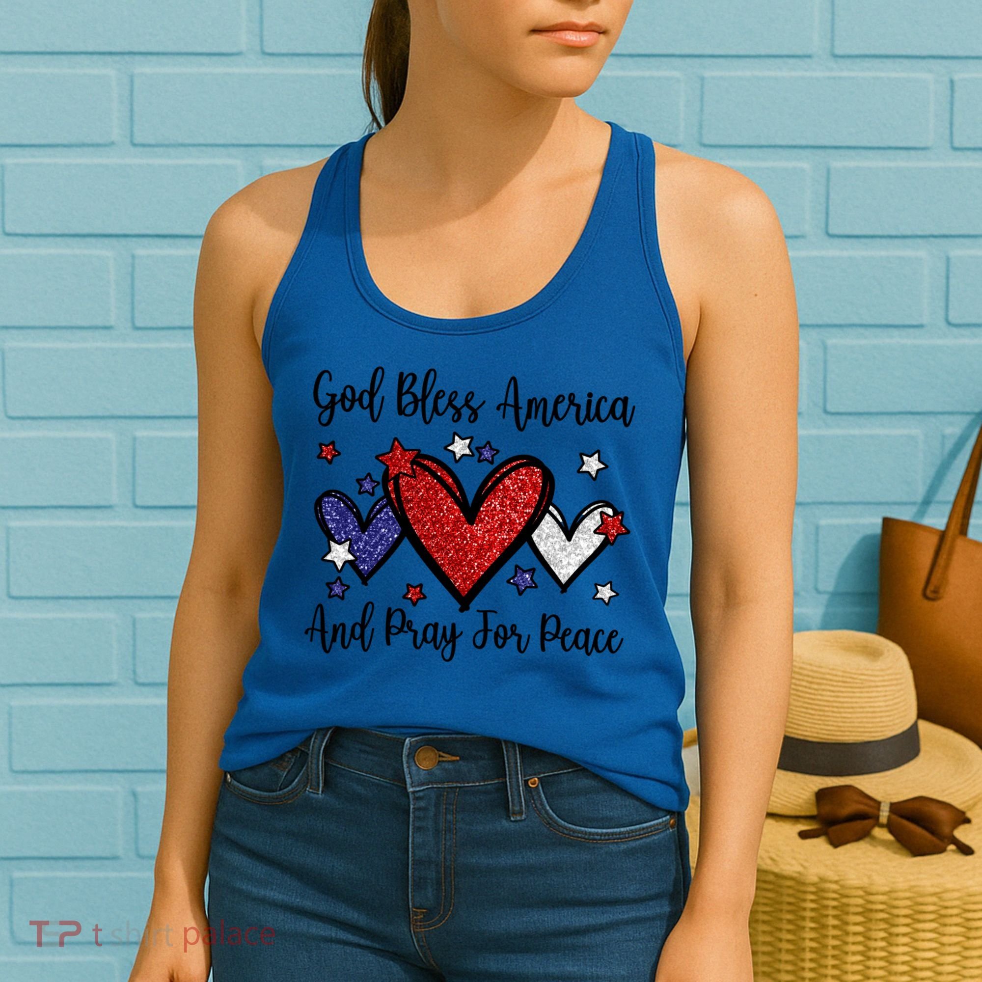 Patriotic Christian Hearts Pray For Peace God Bless America Gift Women's Tank Top