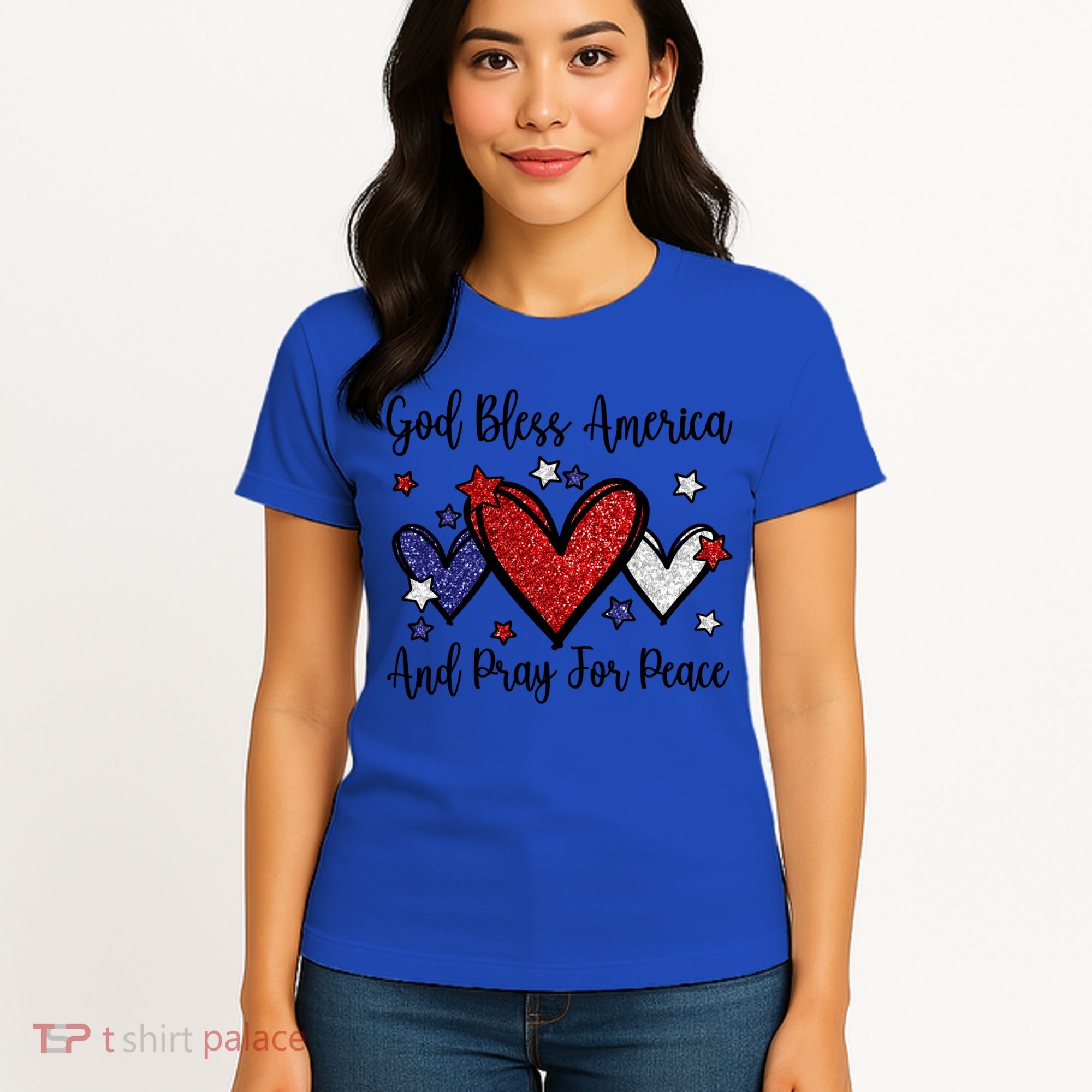 Patriotic Christian Hearts Pray For Peace God Bless America Gift Women's T-Shirt