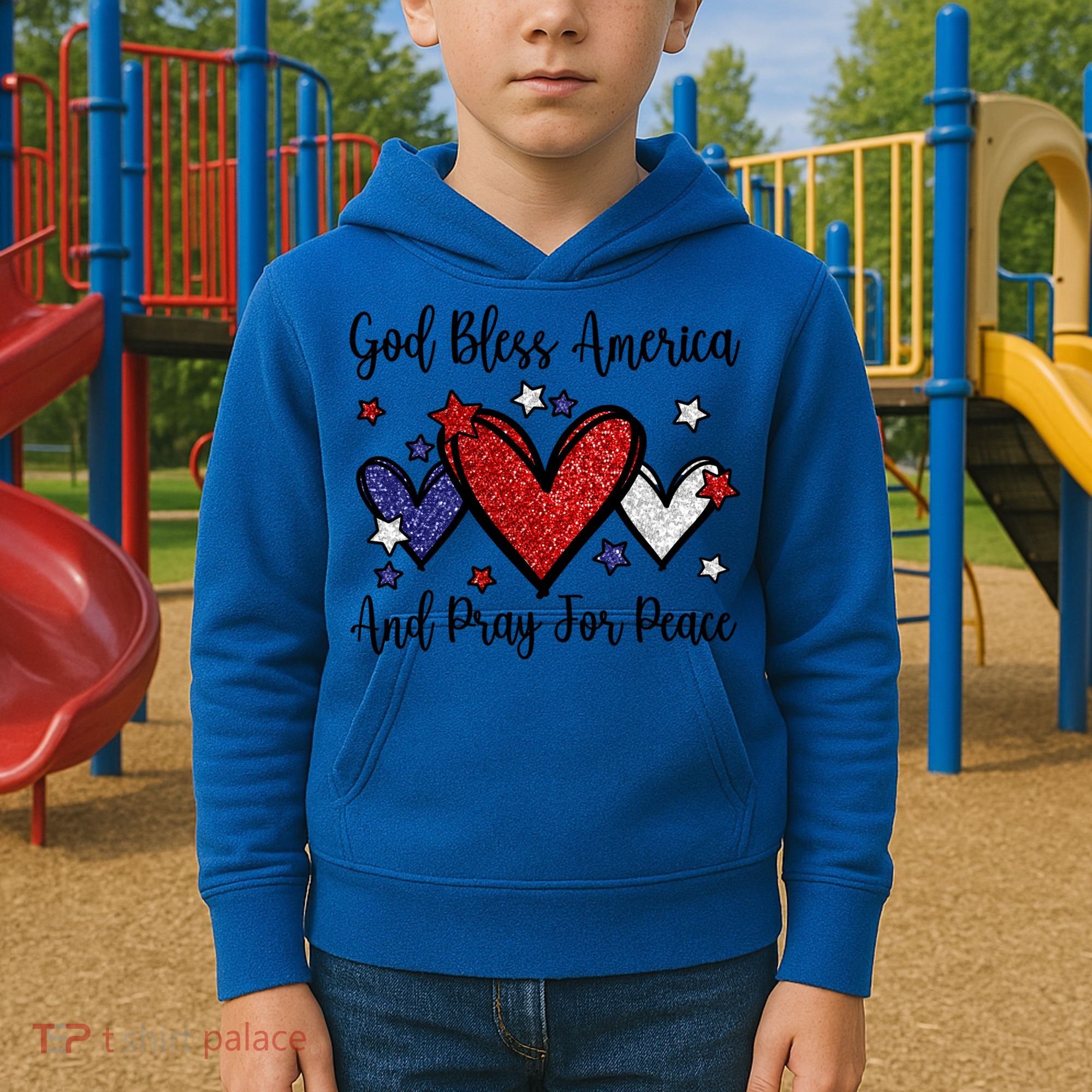 Patriotic Christian Hearts Pray For Peace God Bless America Gift Kids Hoodie