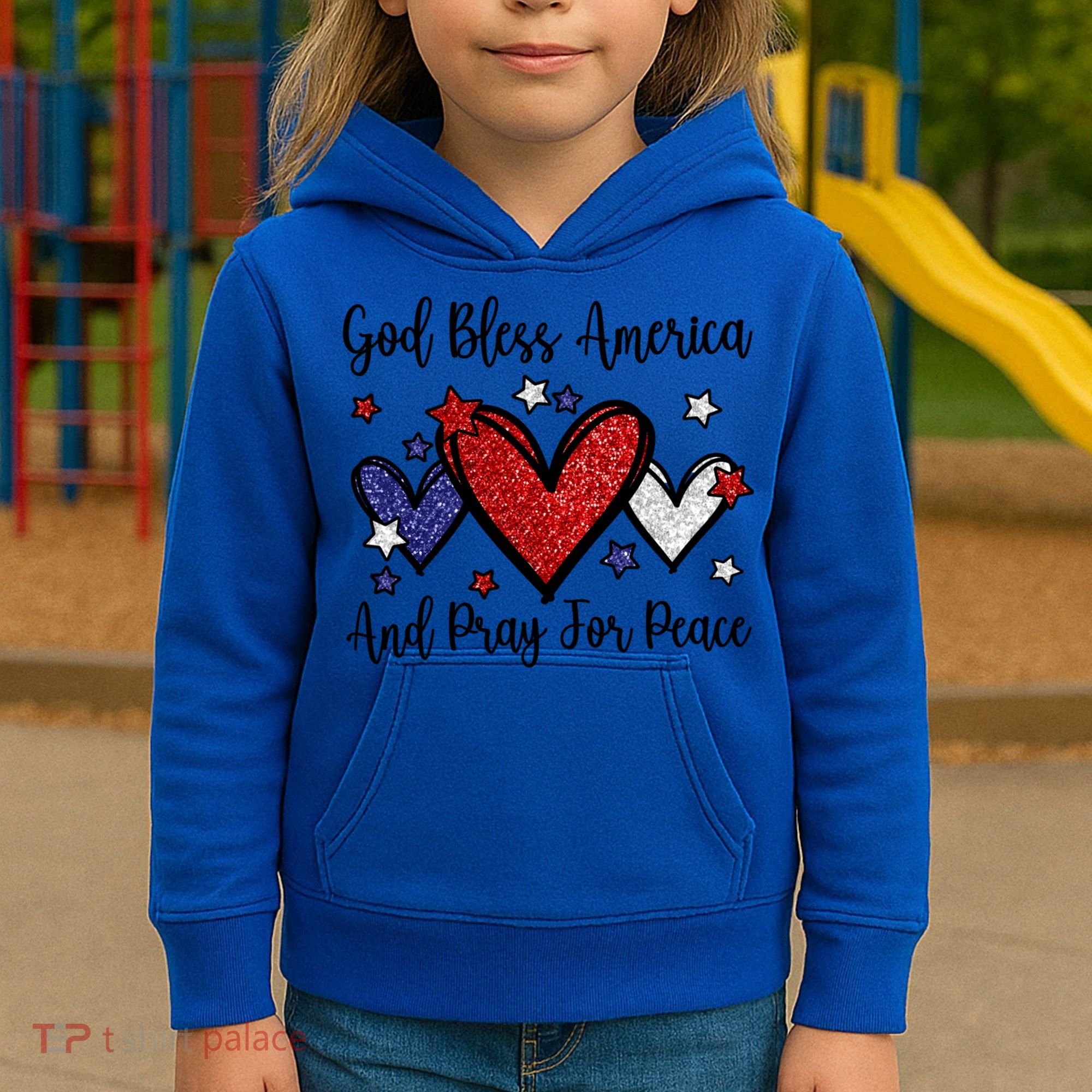 Patriotic Christian Hearts Pray For Peace God Bless America Gift Kids Hoodie