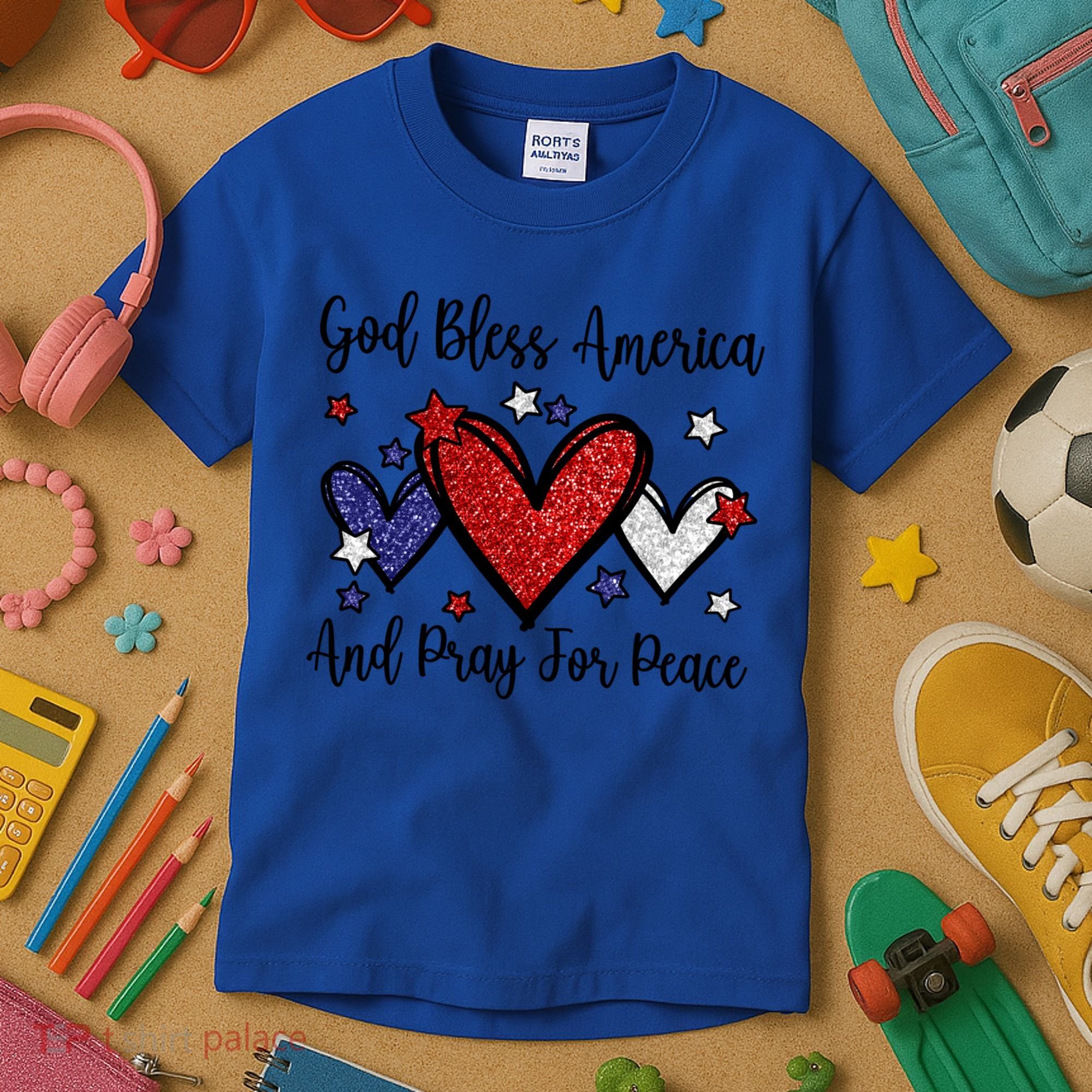 Patriotic Christian Hearts Pray For Peace God Bless America Gift Kids T-Shirt
