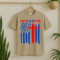 Patriotic Christian Jesus USA Saves Flag Cross America Flag T-Shirt thumb 2
