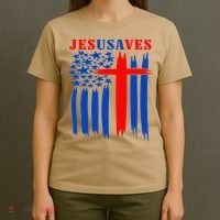 Patriotic Christian Jesus USA Saves Flag Cross America Flag T-Shirt thumb 4