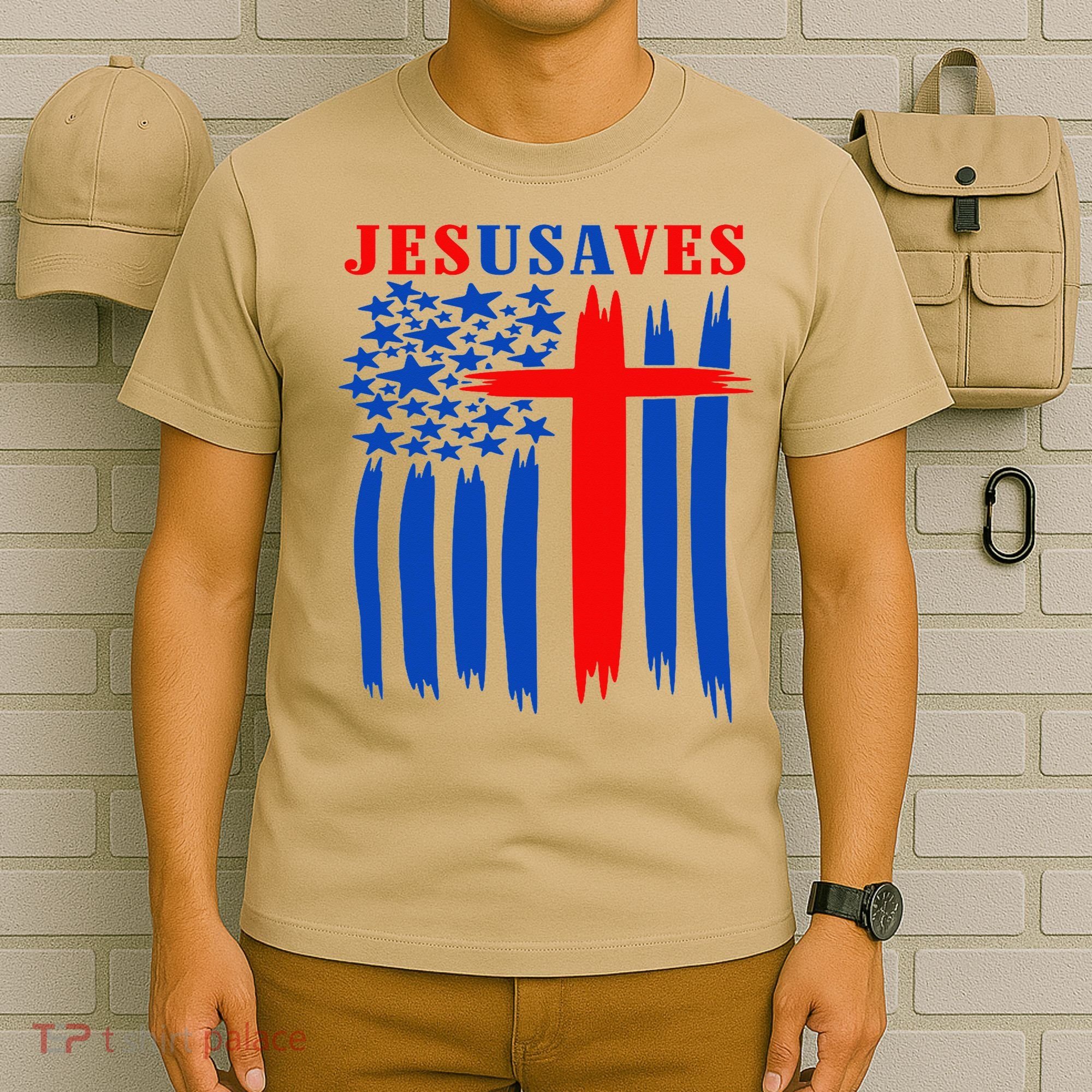 Patriotic Christian Jesus USA Saves Flag Cross America Flag T-Shirt