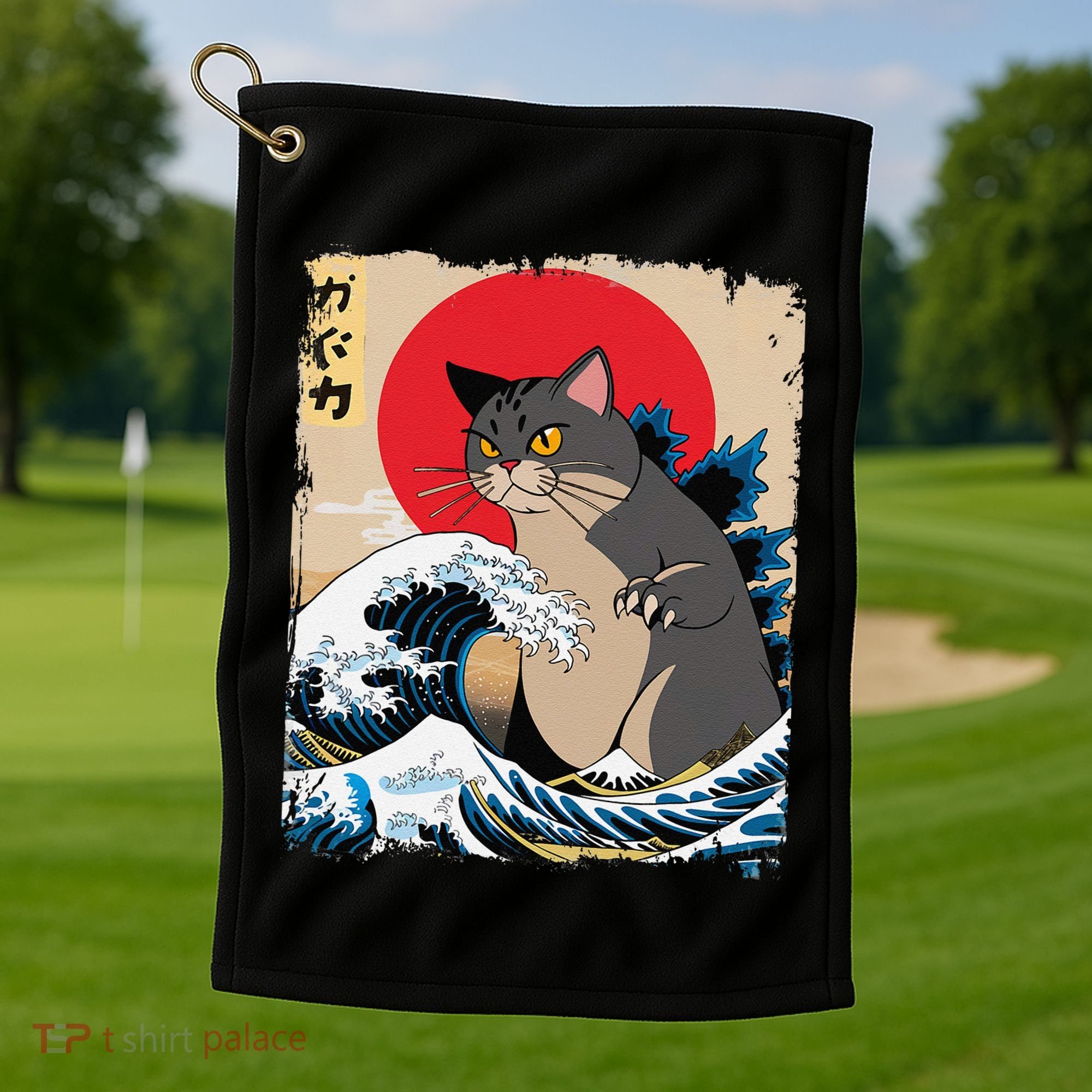 Persian Catzilla Japanese Art Funny Cat Retro Anime Sunset Golf Towel