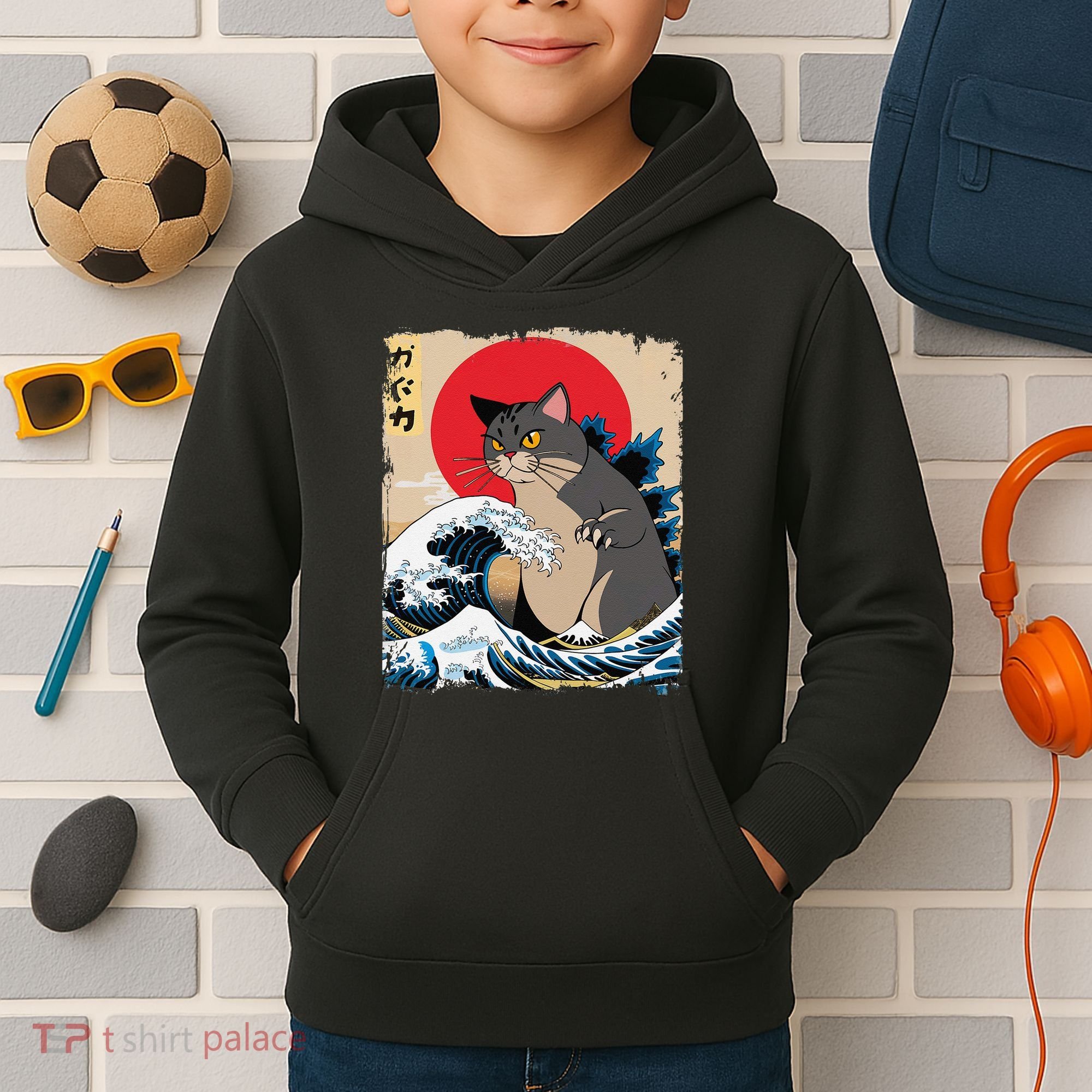 Persian Catzilla Japanese Art Funny Cat Retro Anime Sunset Kids Hoodie
