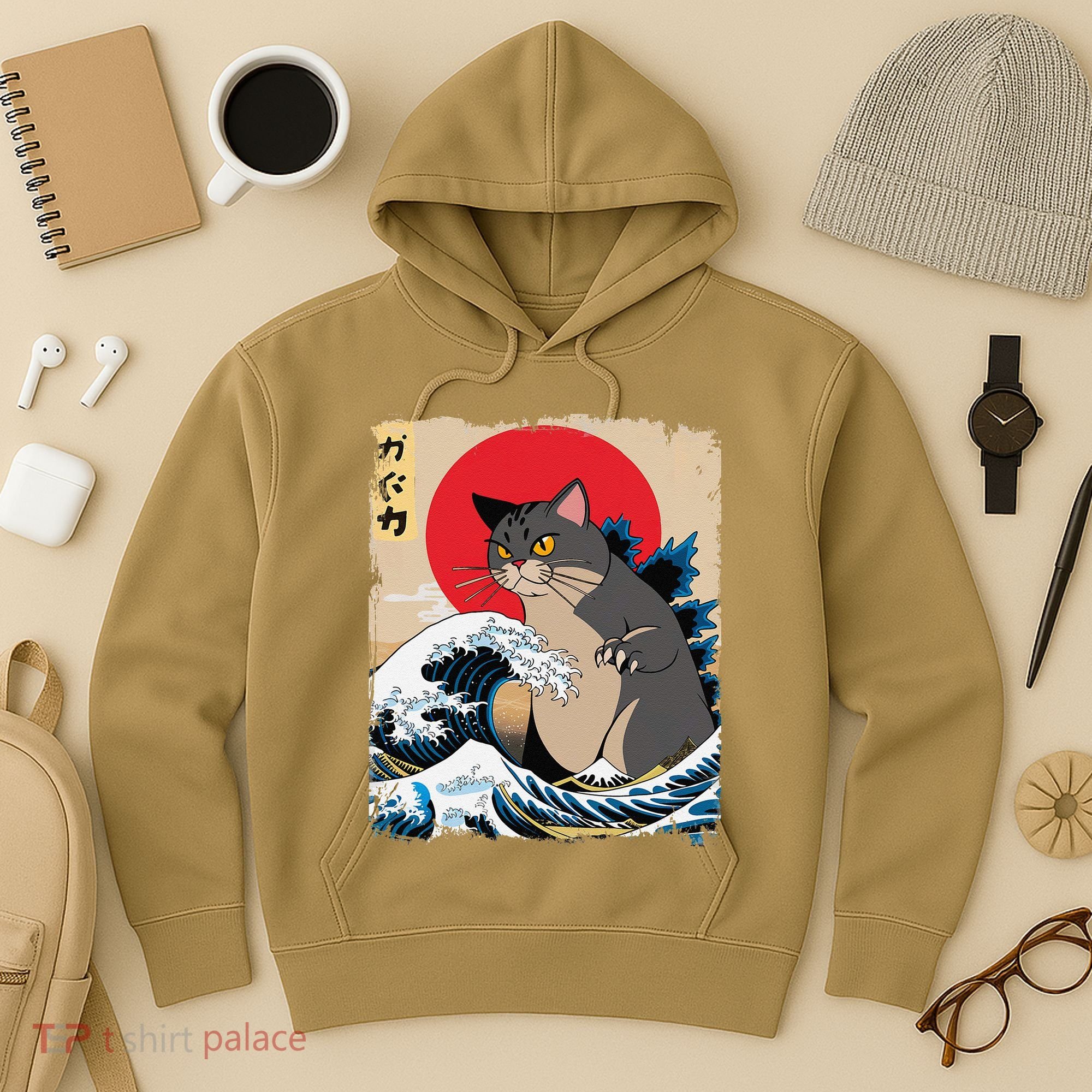 Persian Catzilla Japanese Art Funny Cat Retro Anime Sunset Hoodie