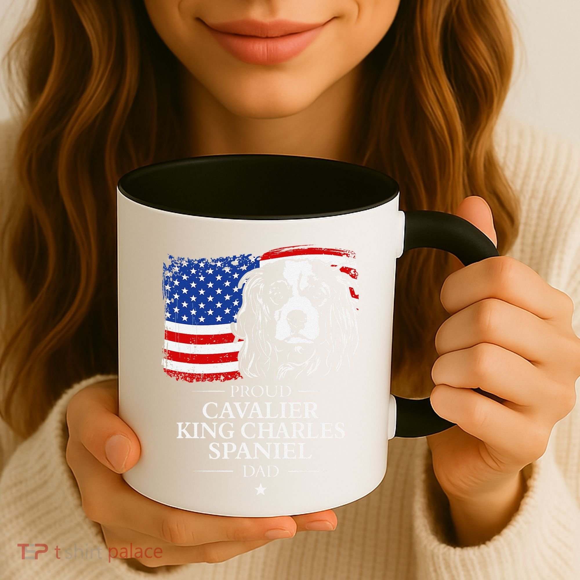 Proud Cavalier King Charles Spaniel Dad American Flag Dog Coffee Mug