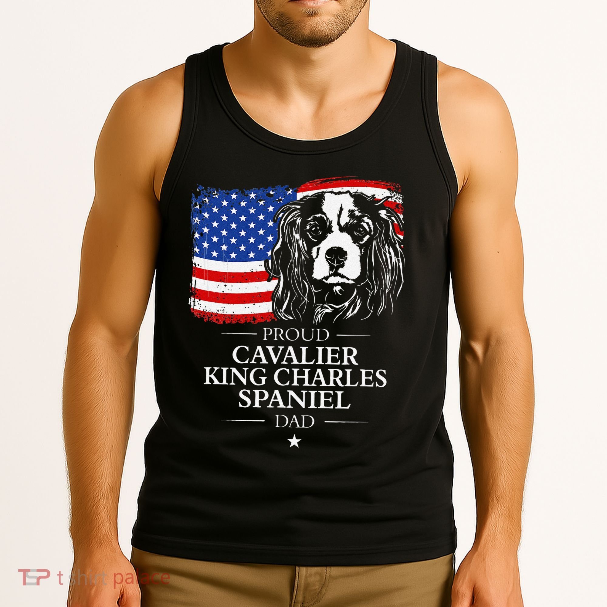 Proud Cavalier King Charles Spaniel Dad American Flag Dog Tank Top