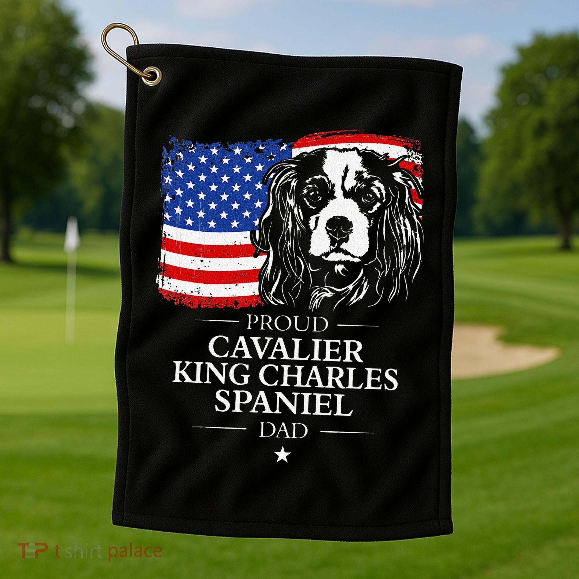 Proud Cavalier King Charles Spaniel Dad American Flag Dog Golf Towel